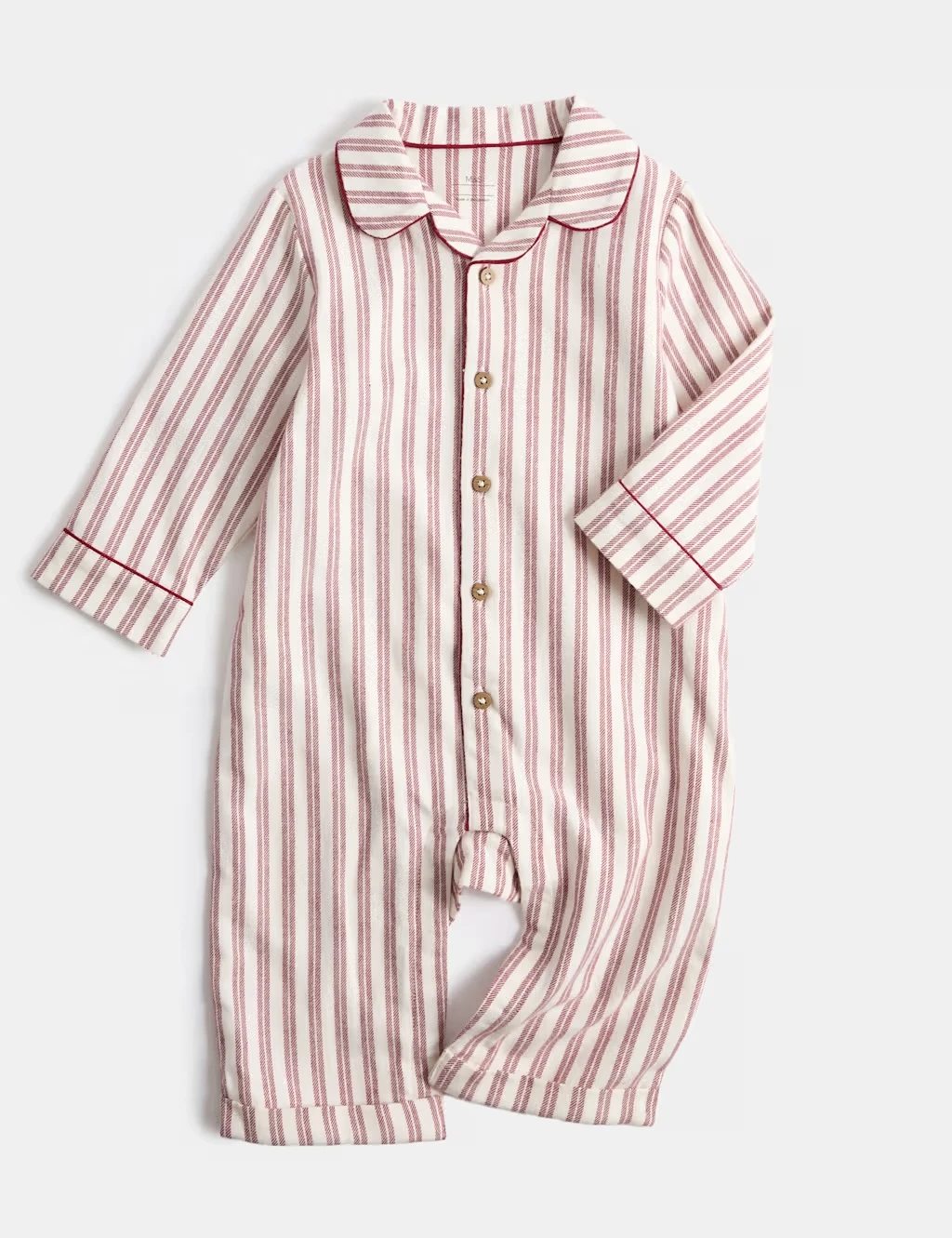 Baby sleep romper with a white and red stripe pattern.