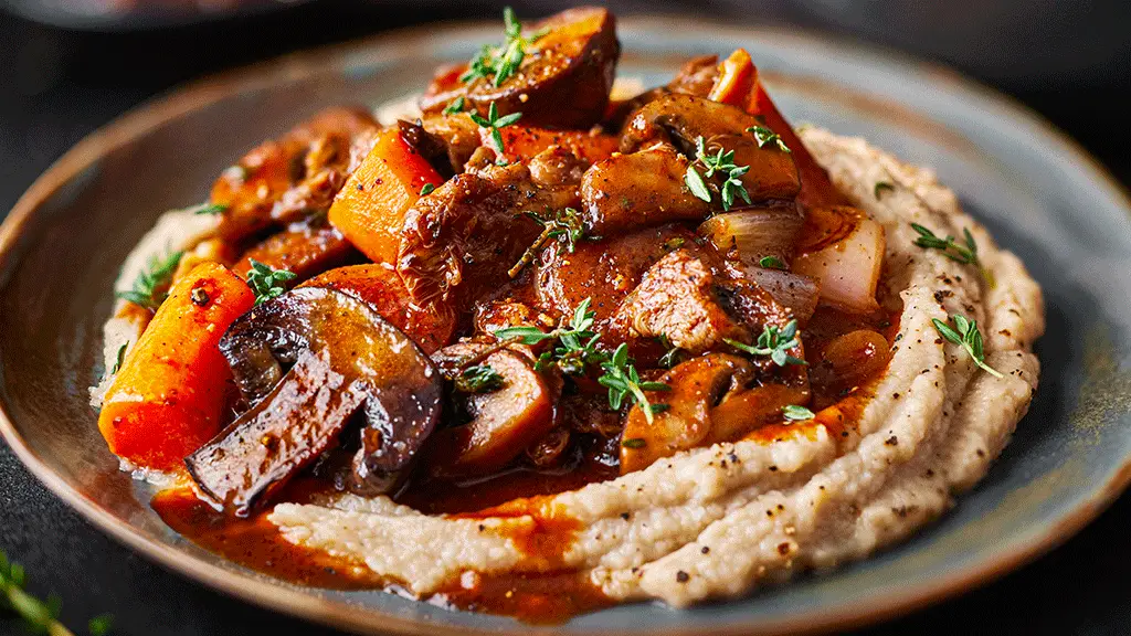 GIF of chocolate mousse, butternut squash pizza, and mushroom polenta