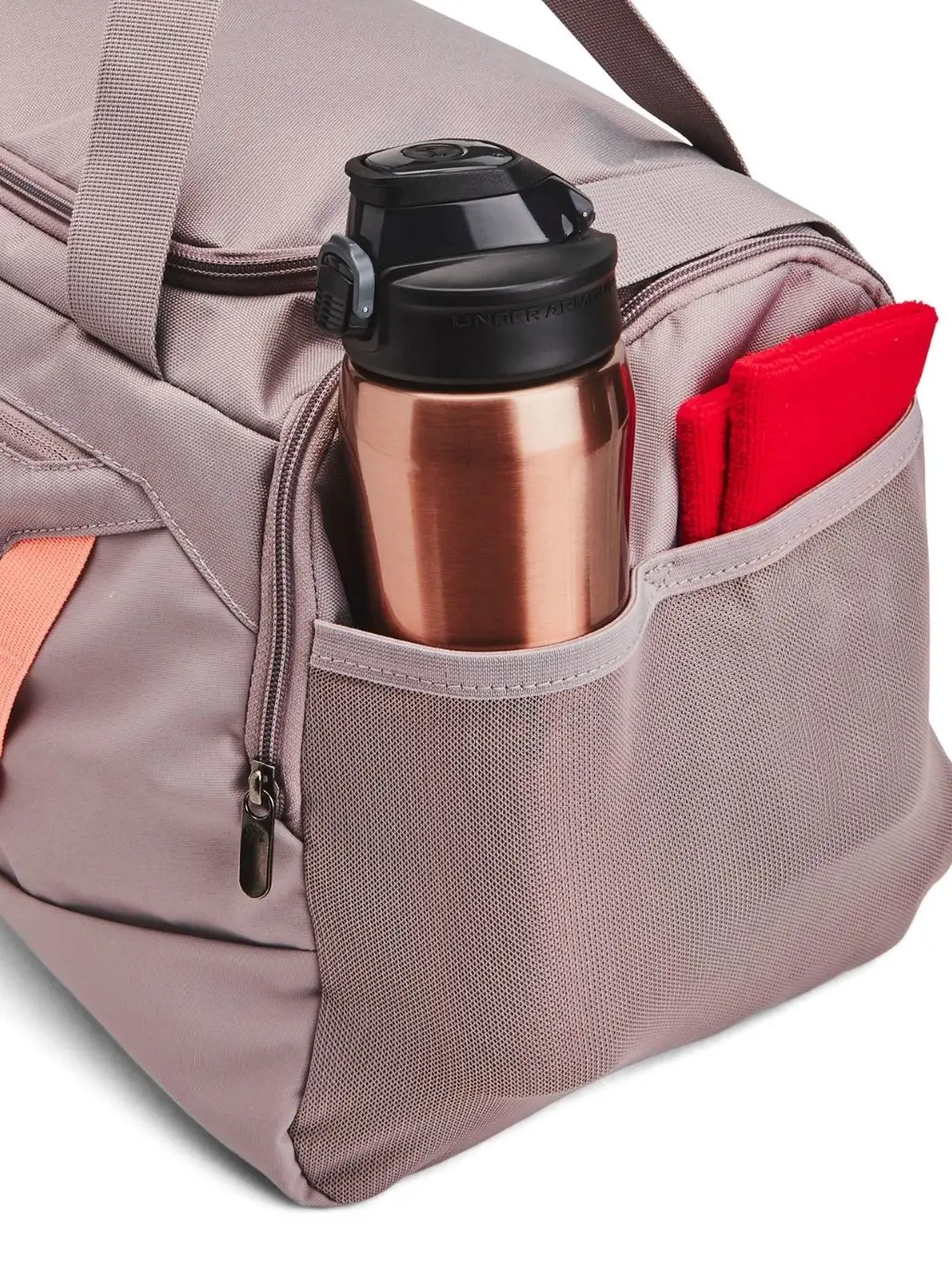 Pink gym bag with pocket for water bottle and other essentials