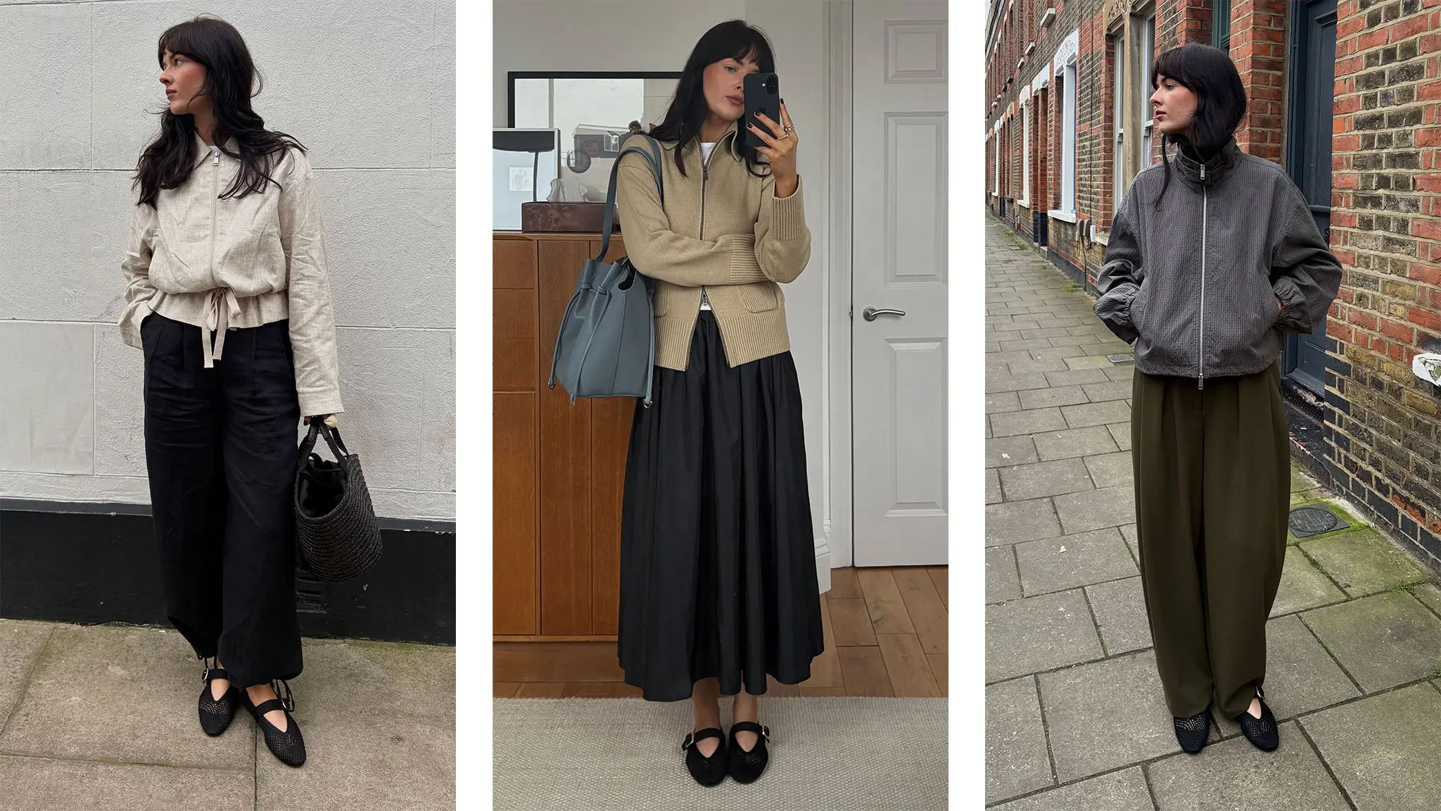 Brunette woman wearing three spring outfits