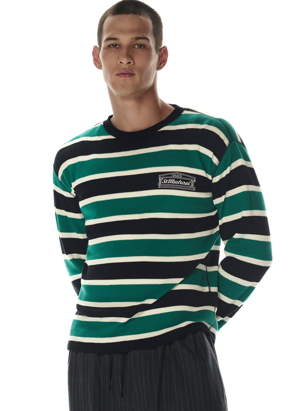 Man wearing striped T-shirt