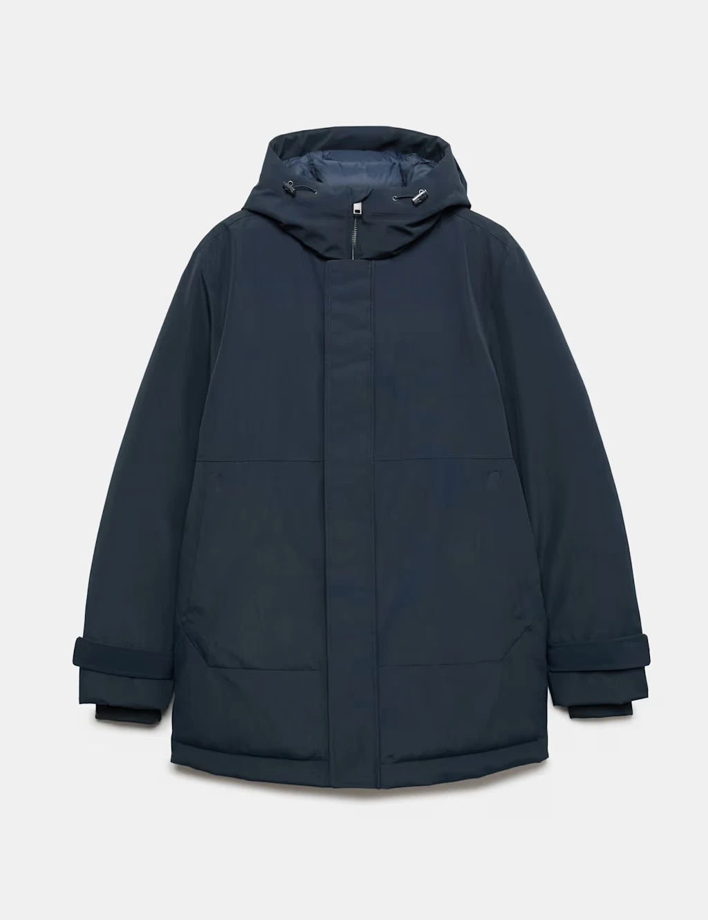 Blue men's parka coat with padded lining and hood.