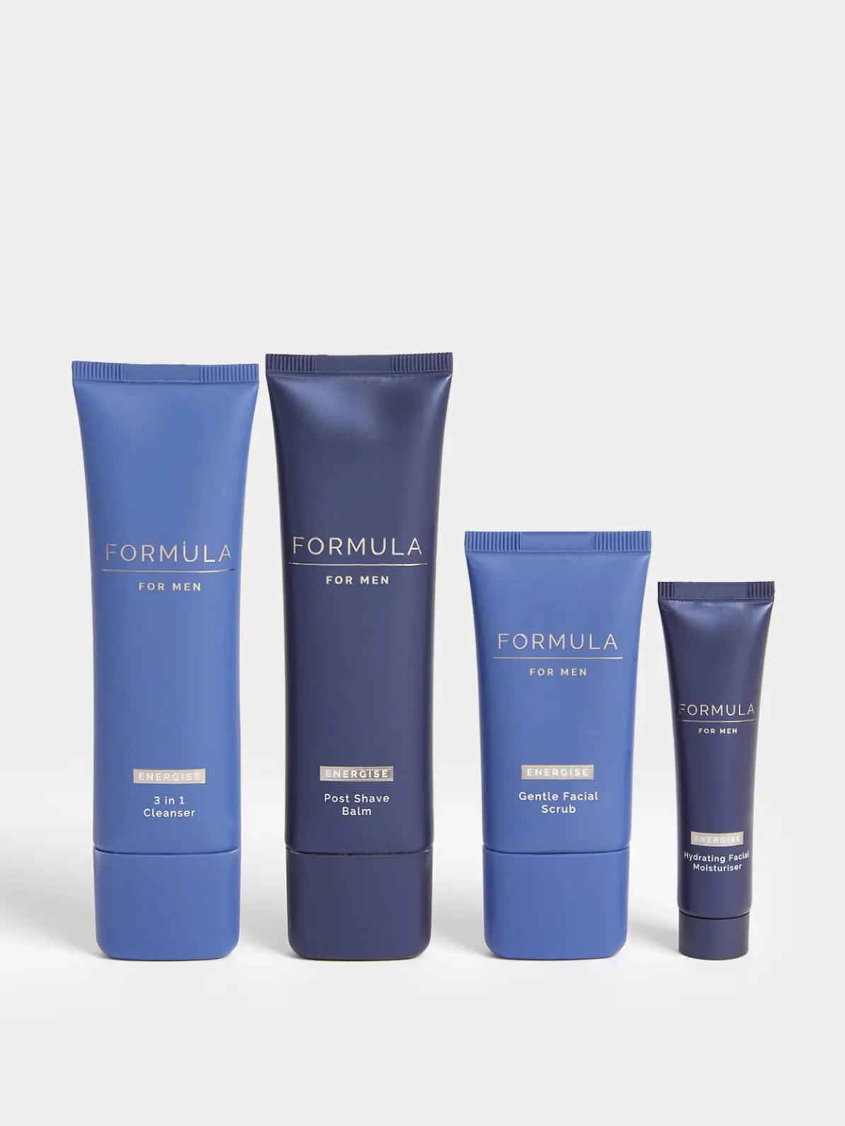 Four skincare products in blue bottles 