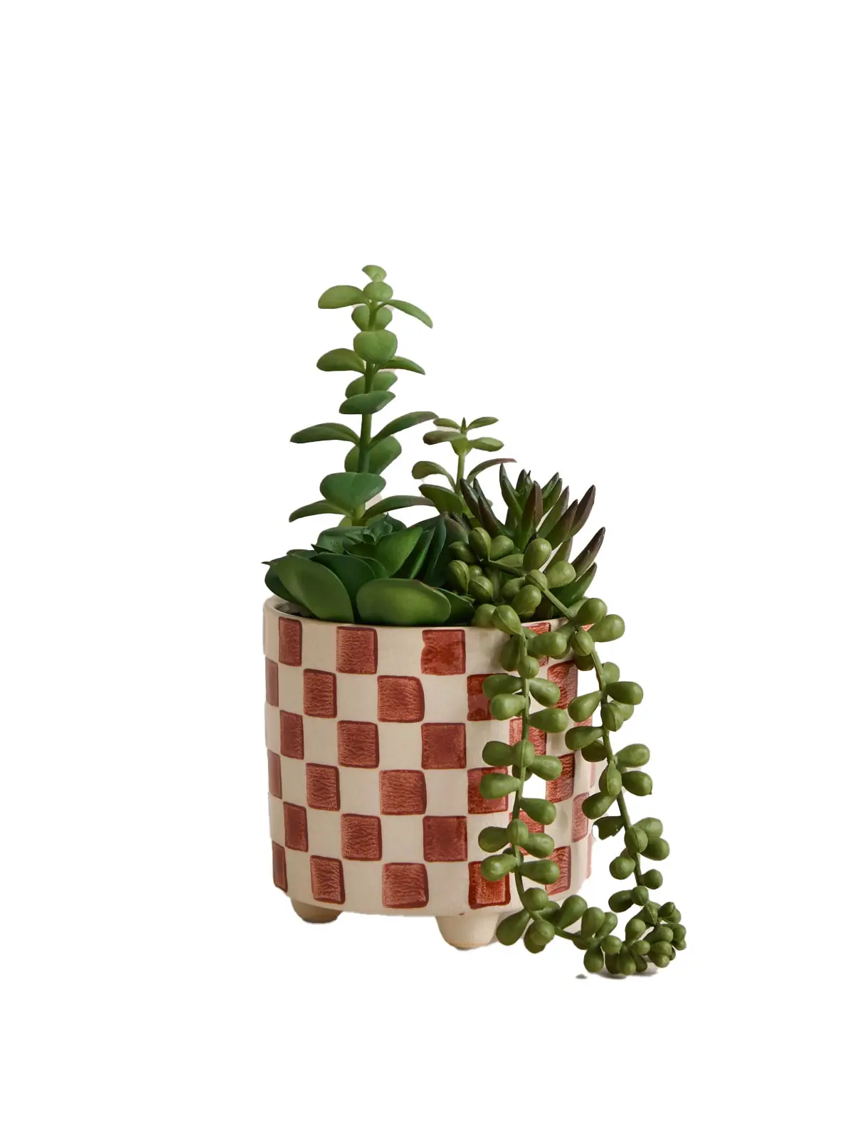 Image of artificial plant in red and white checked planter 