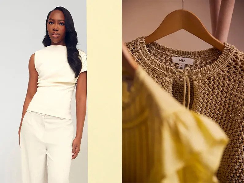 Mel in white top and trousers on the left, close up on crochet top on the right