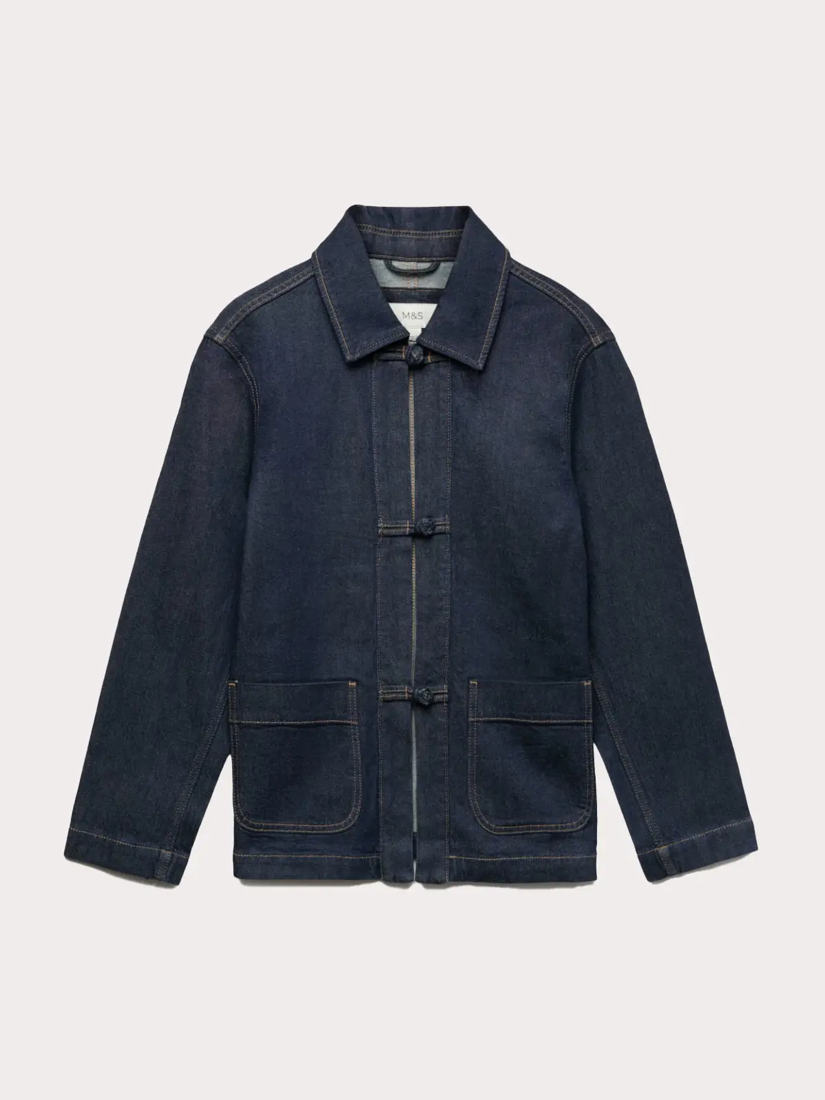 Dark indigo denim jacket with bow fastenings