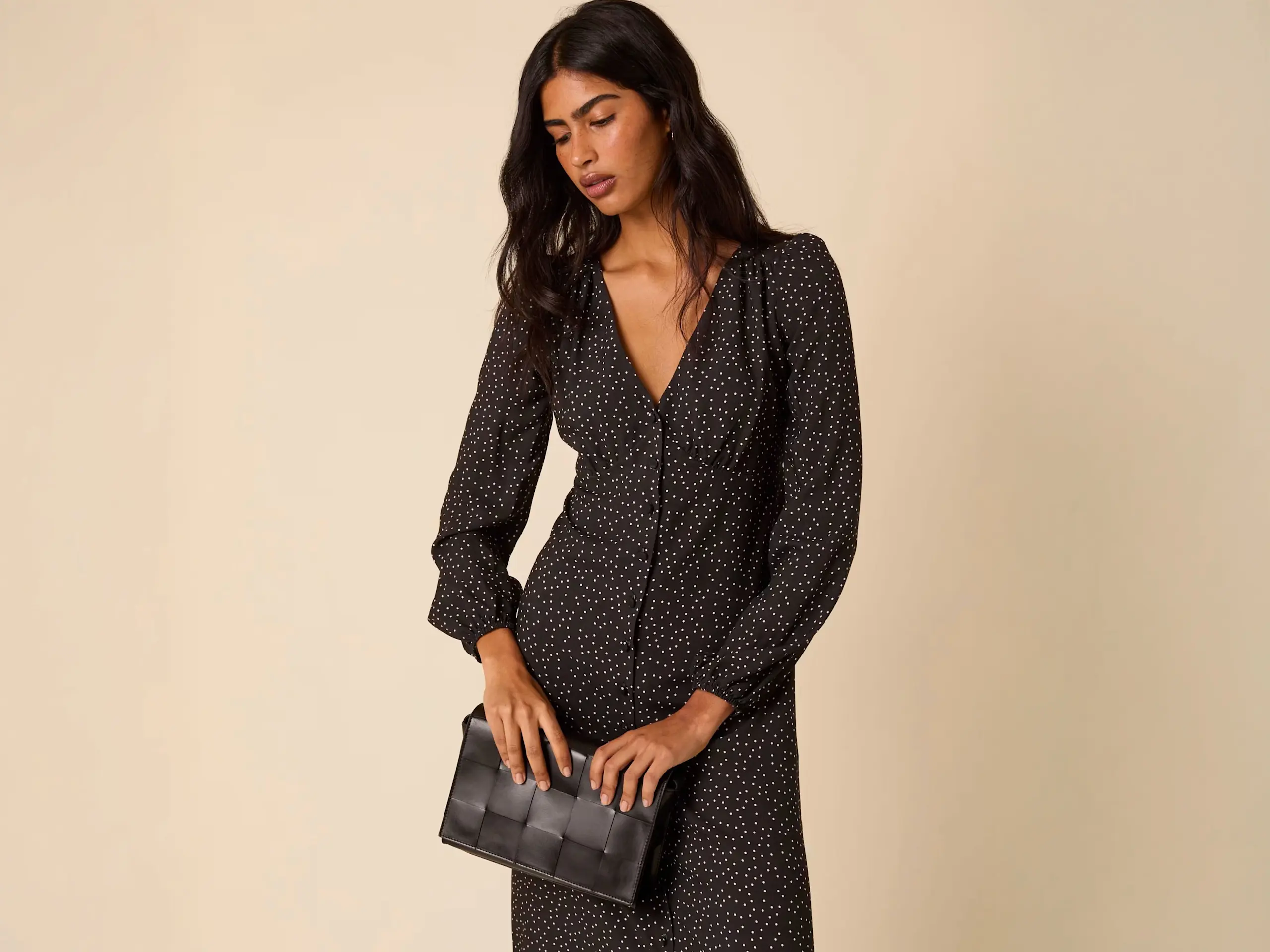 Woman wearing polka dot dress