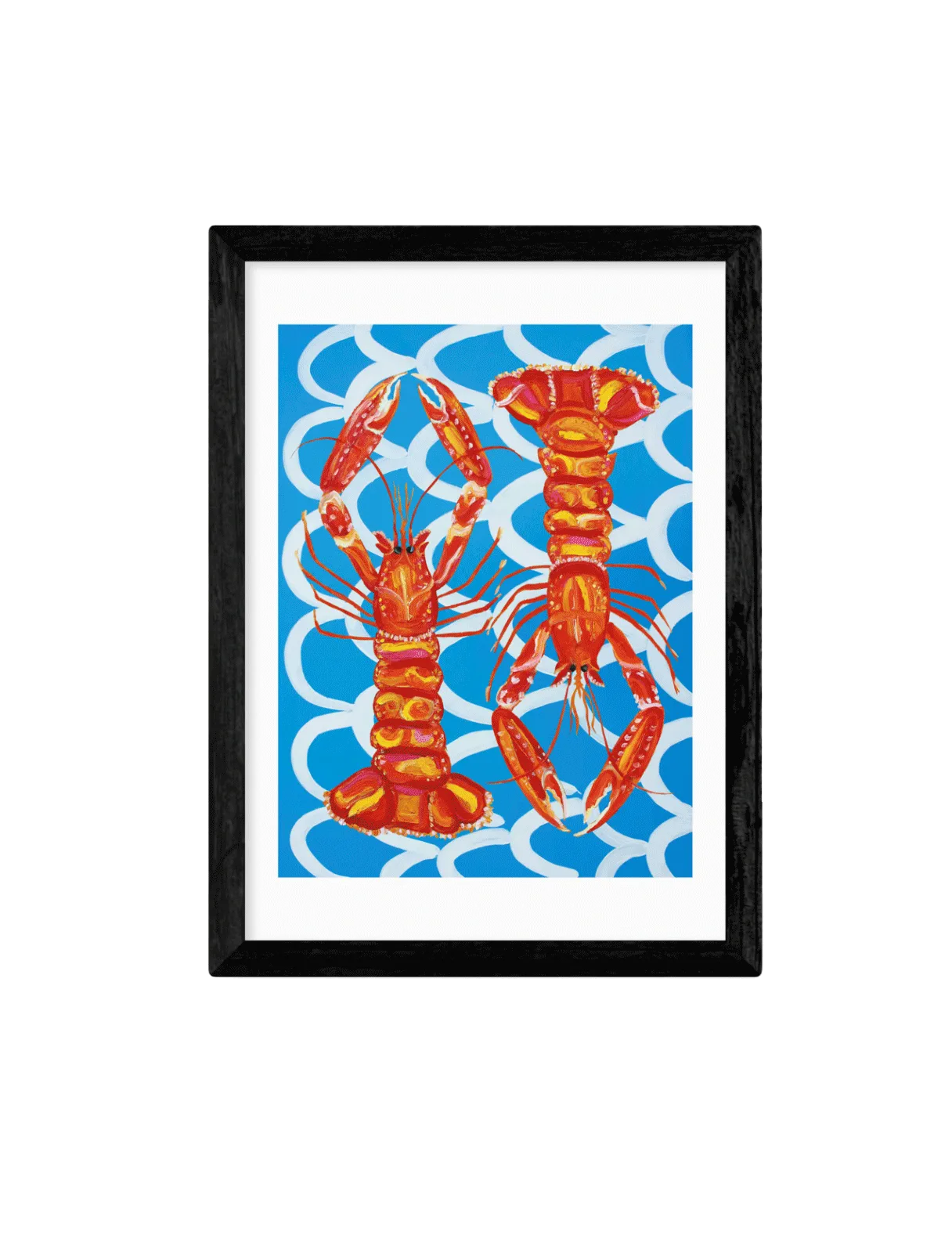 Gif of lobster art print, stacked necklace and striped tea towels