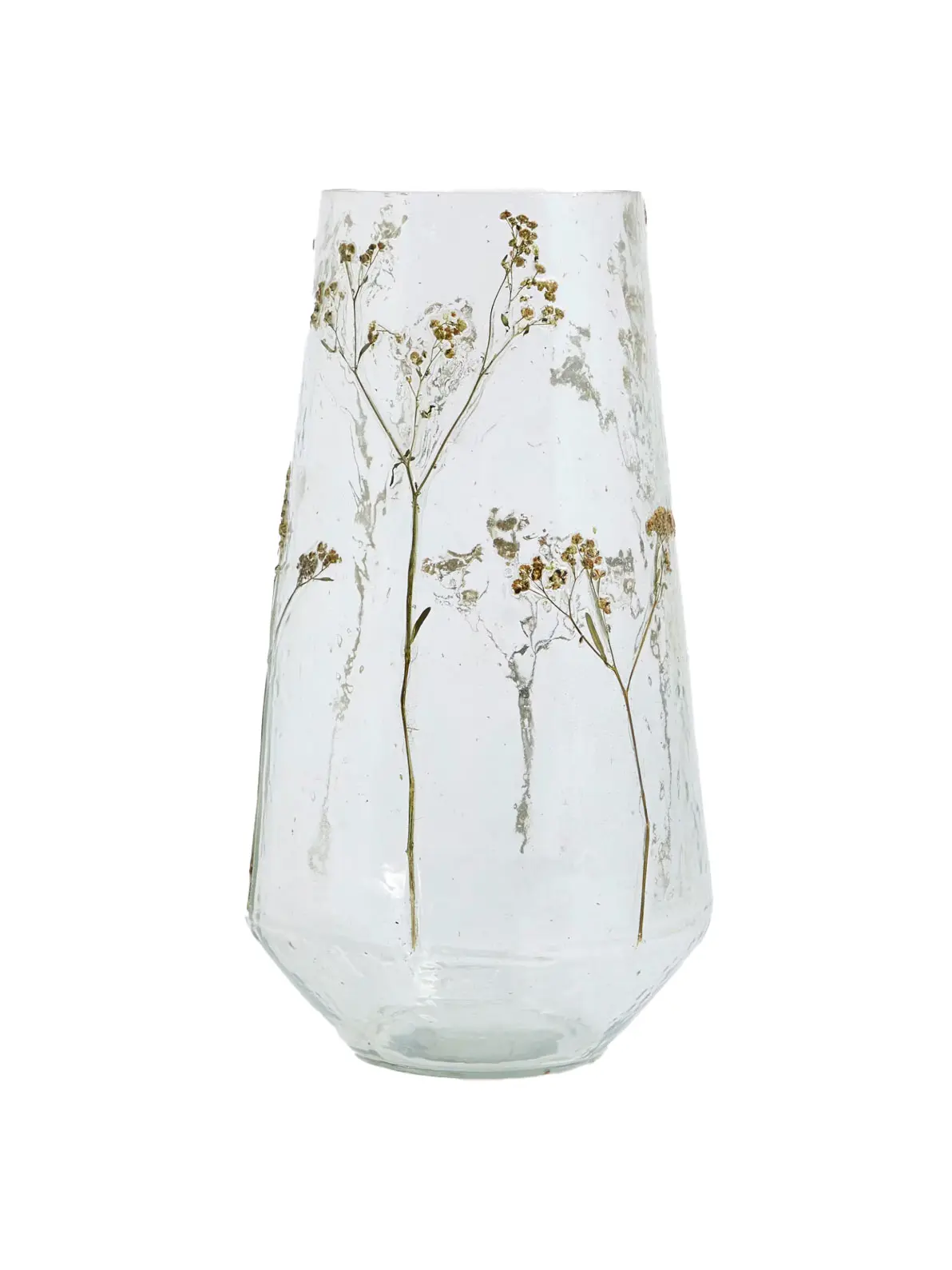Image of glass vase with pressed flower detailing 