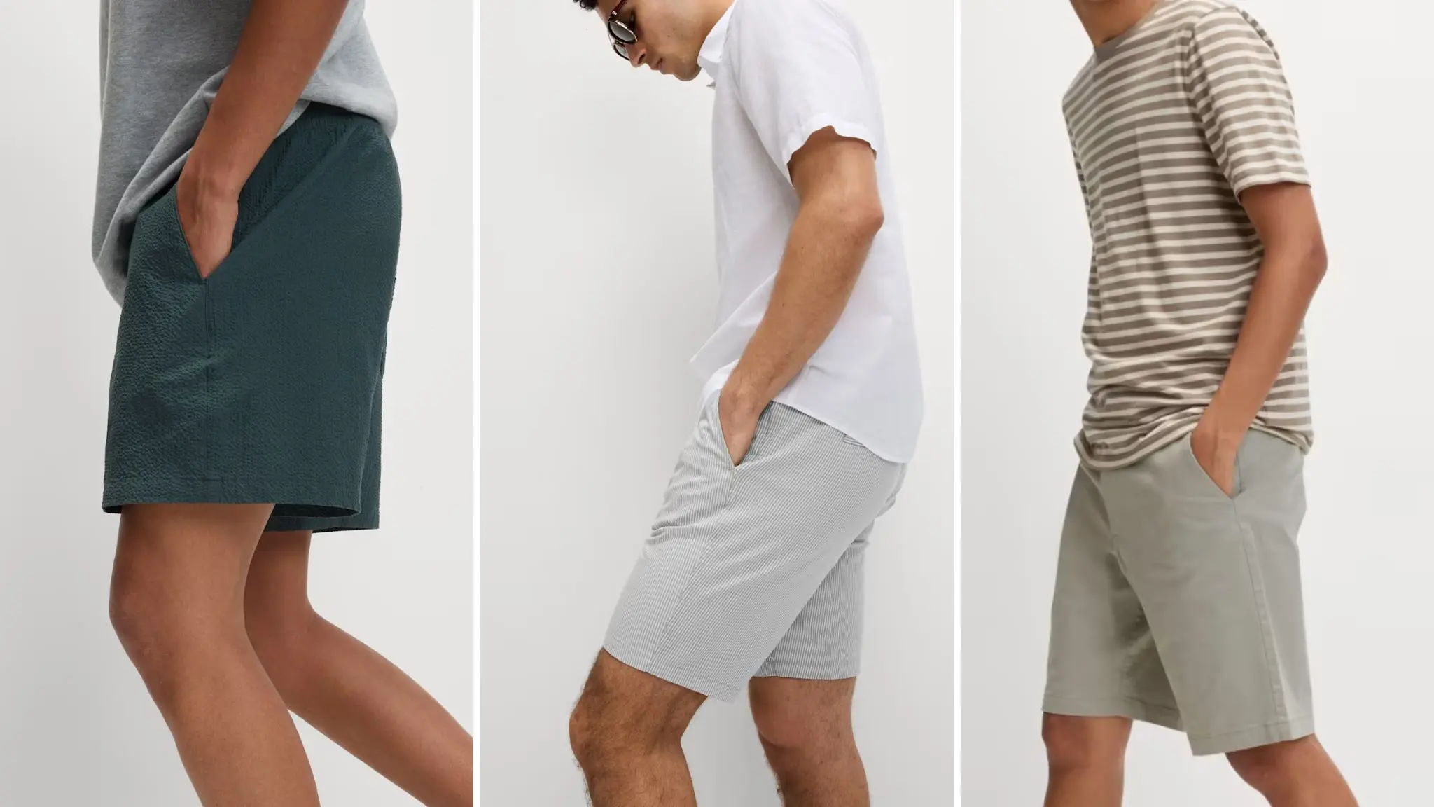 Three men wearing shorts in various lengths