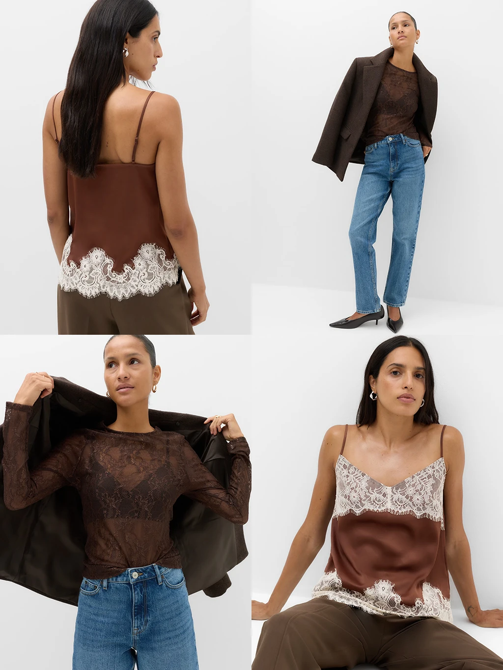 Collage of women wearing a brown lace cami and long sleeved lace top with jeans.