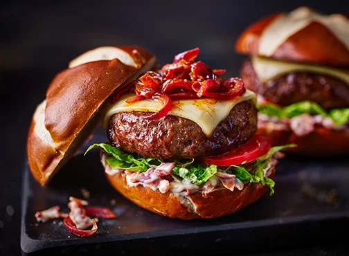 Burger on black tray