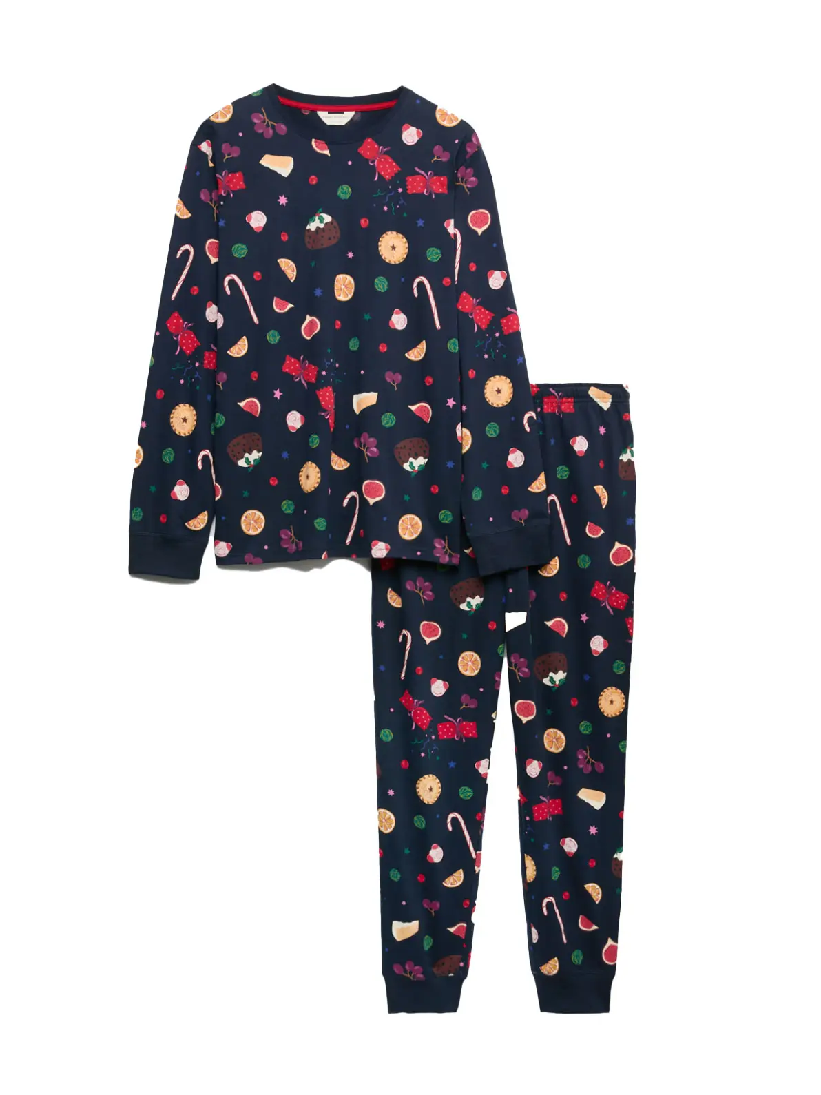 Navy top and trouser pyjama set in Christmas food print 