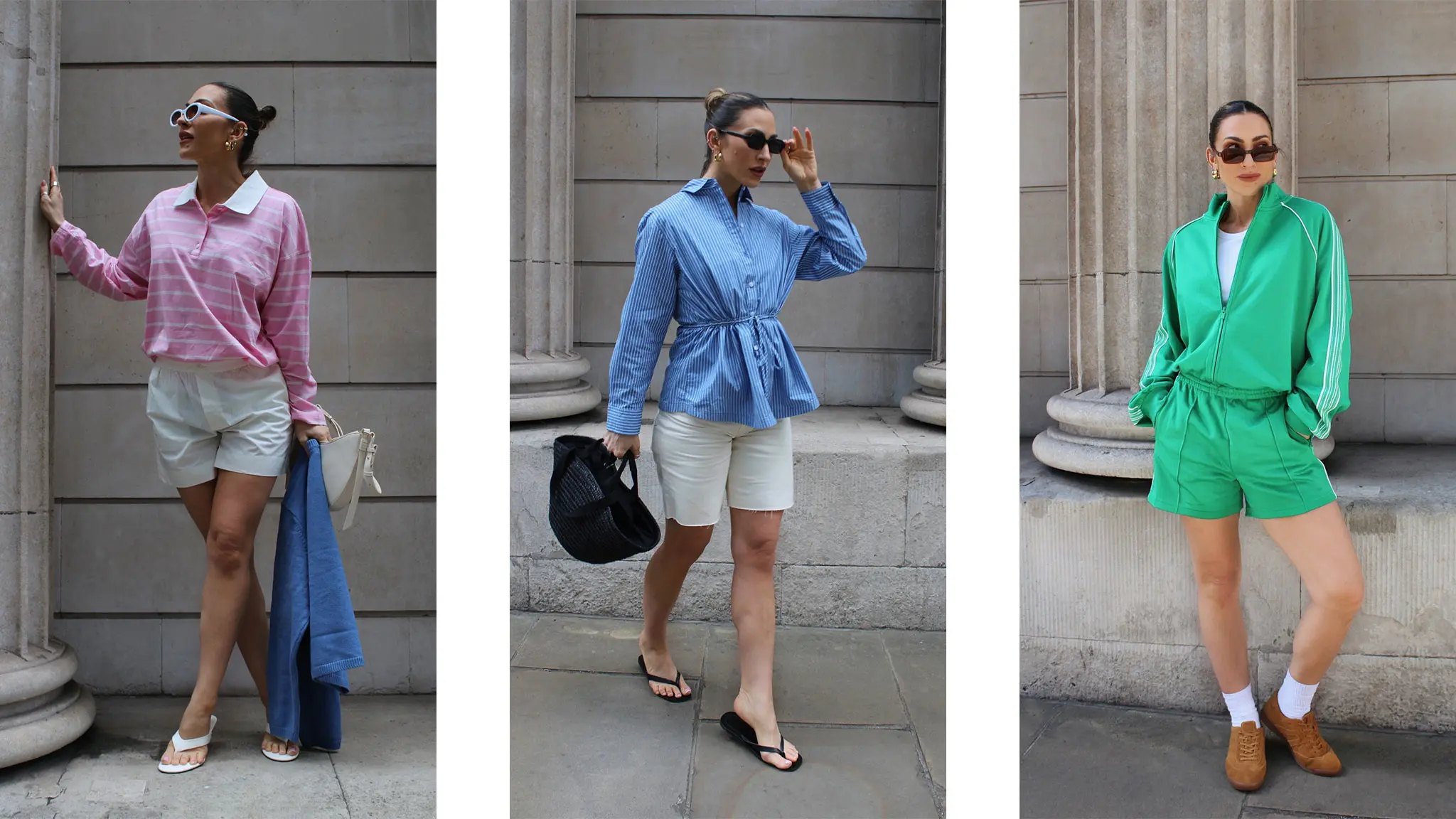Three images of woman wearing preppy outfits