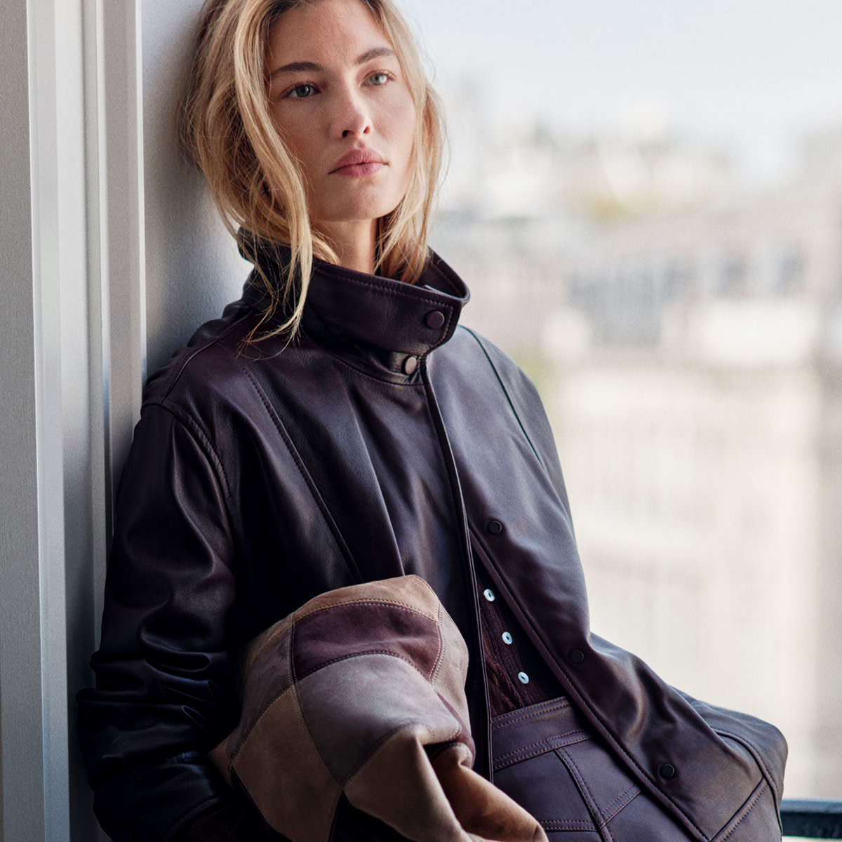 Woman wearing leather jacket