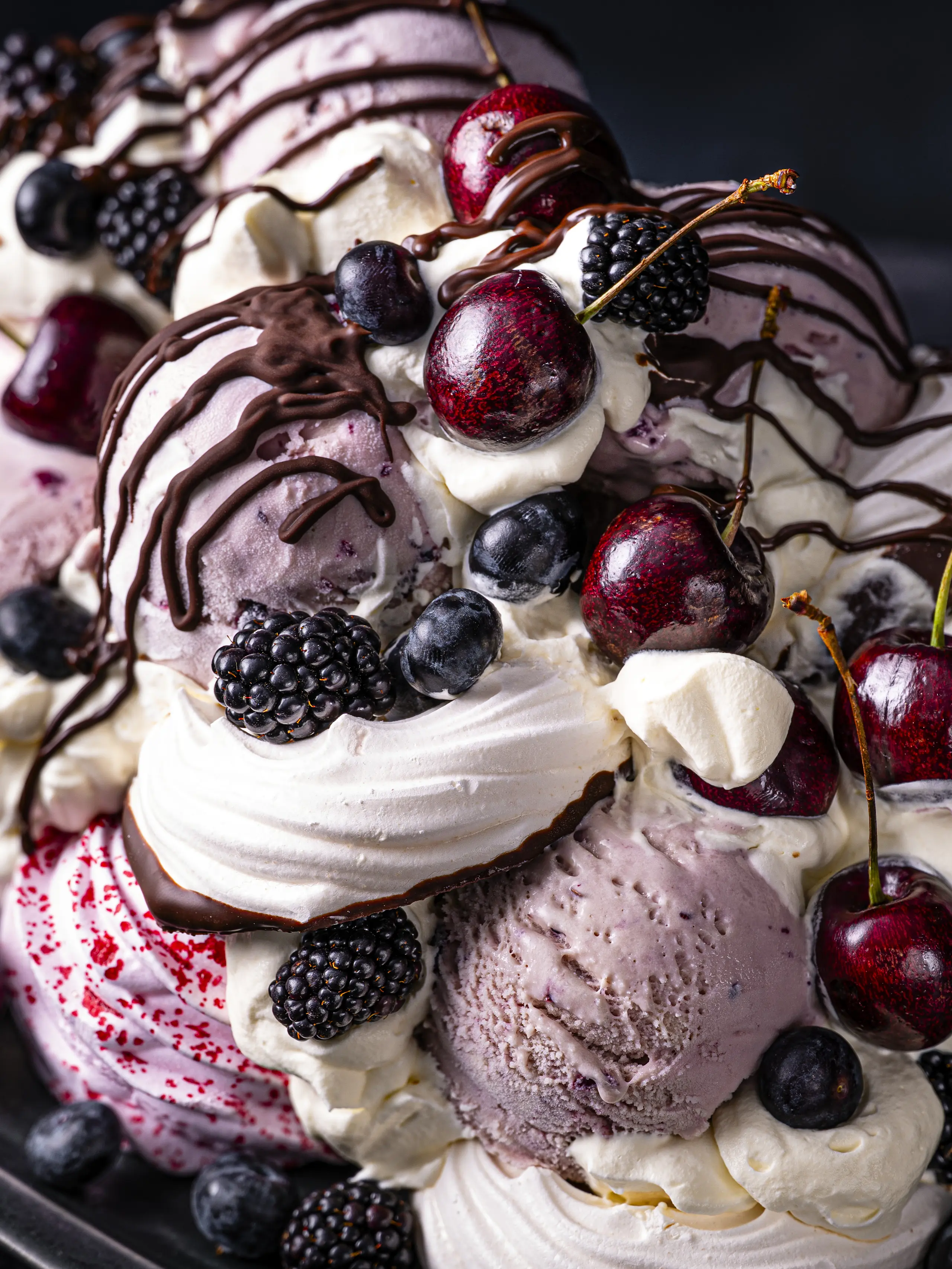 Close up of cherry meringue ice cream stack
