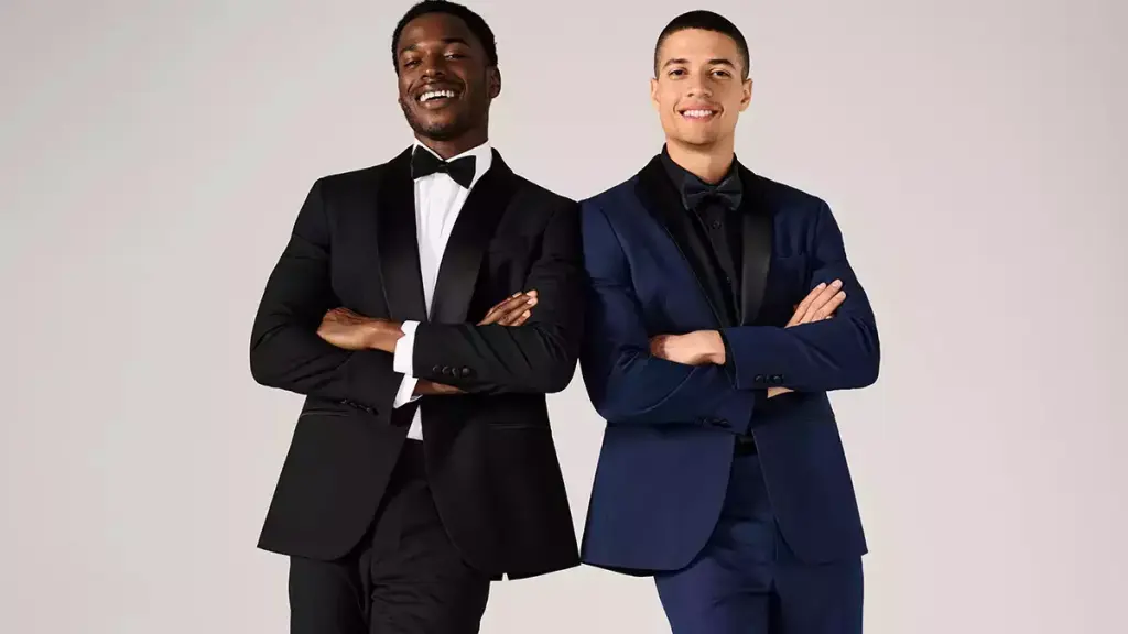 2 men wearing tuxedos. Book your in-store suit fit