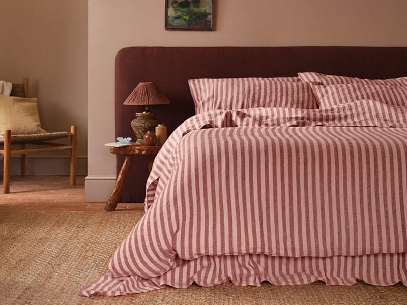red and cream striped bedding