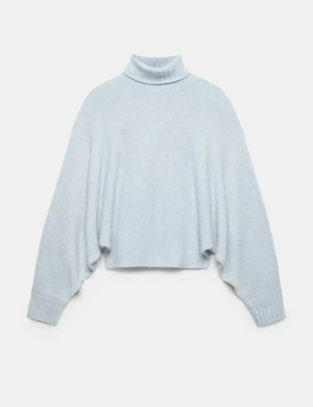 Blue jumper with balloon sleeves and roll neckline.