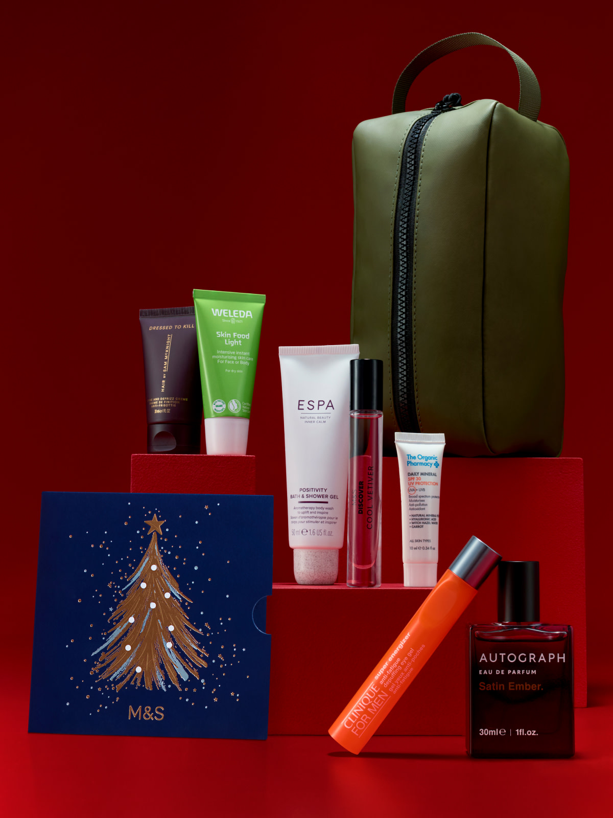 Men's skincare products and bag