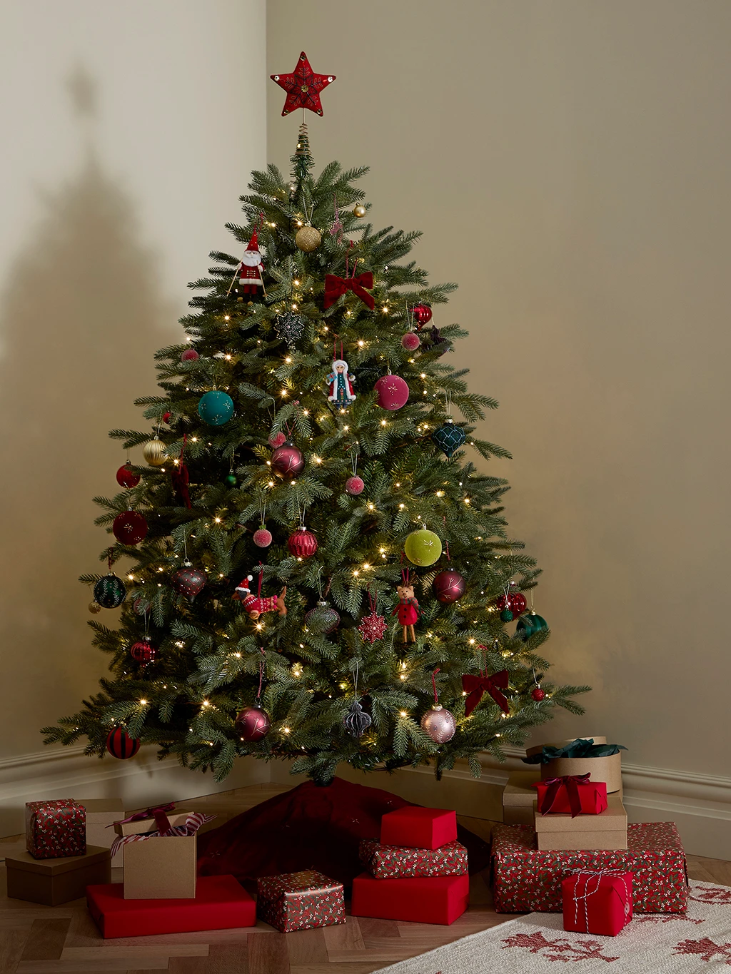 Fir Christmas tree with colourful decorations