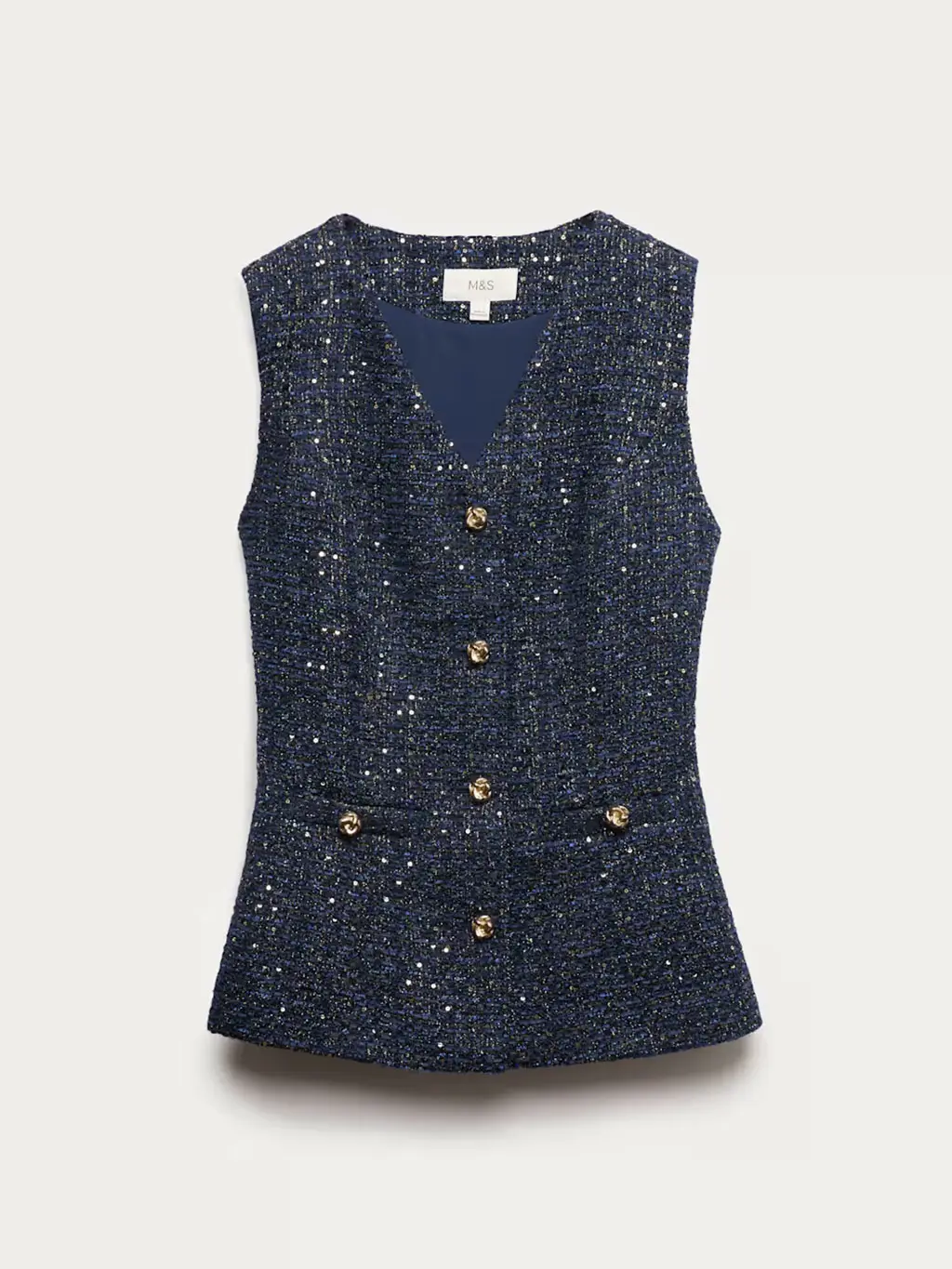 Navy waistcoat in sparkly tweed with gold buttons