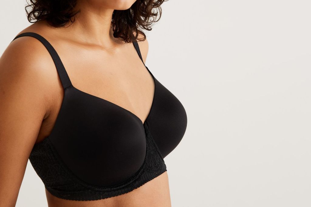 Woman wearing black bra. Shop bras