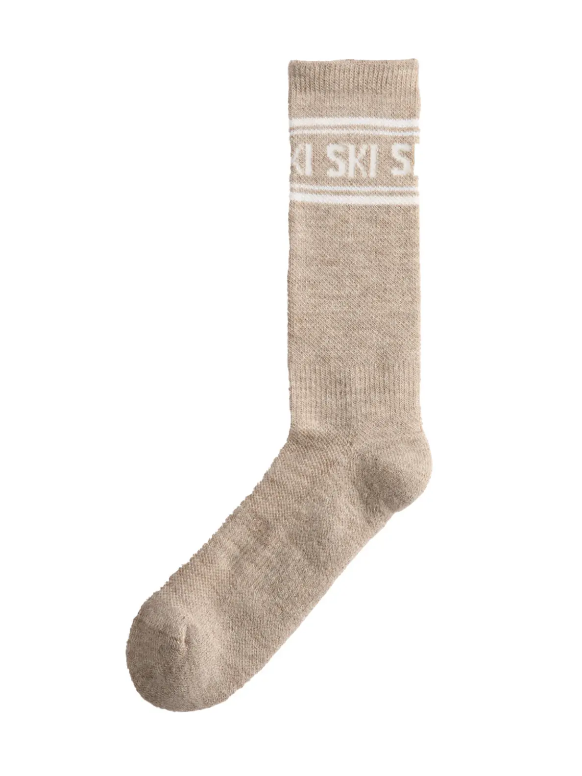 Beige ankle high sock with white 'ski' slogan