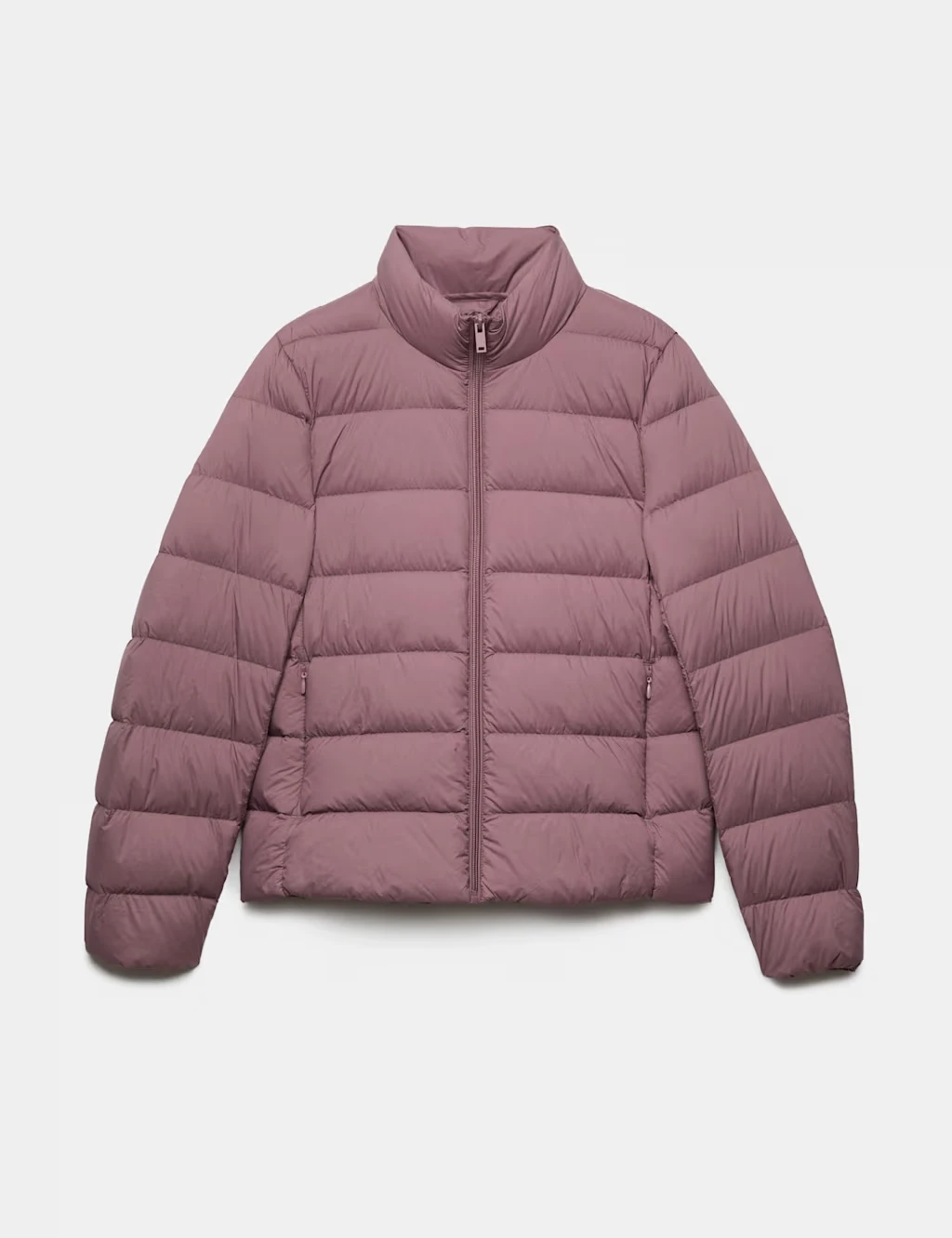 Pink puffer coat with a feather and down filling, high neck and zipped front pockets.