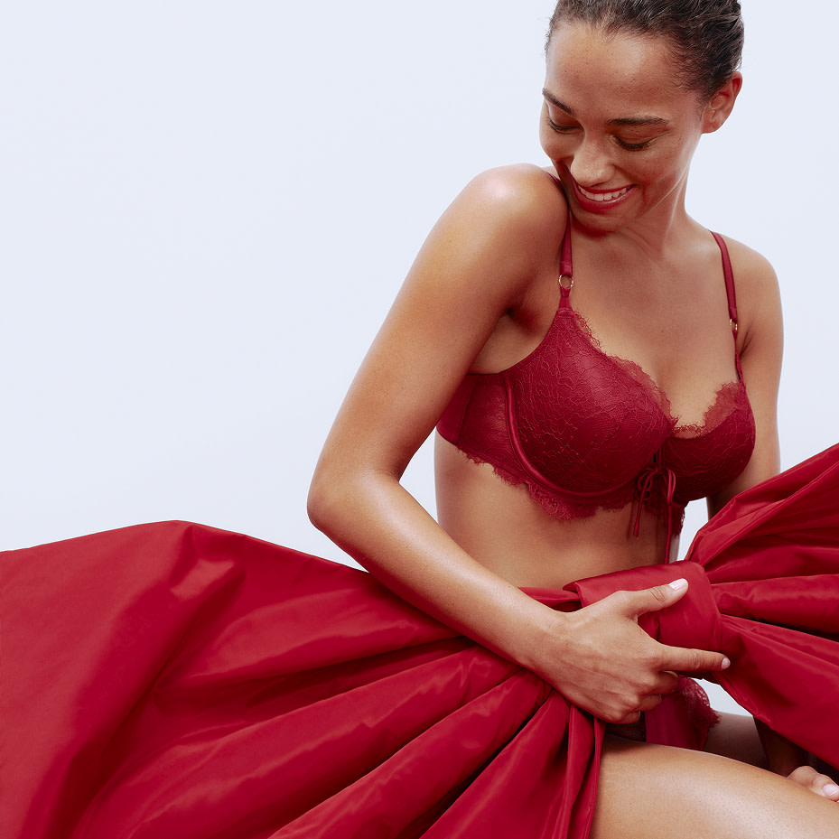 Woman wearing red bra