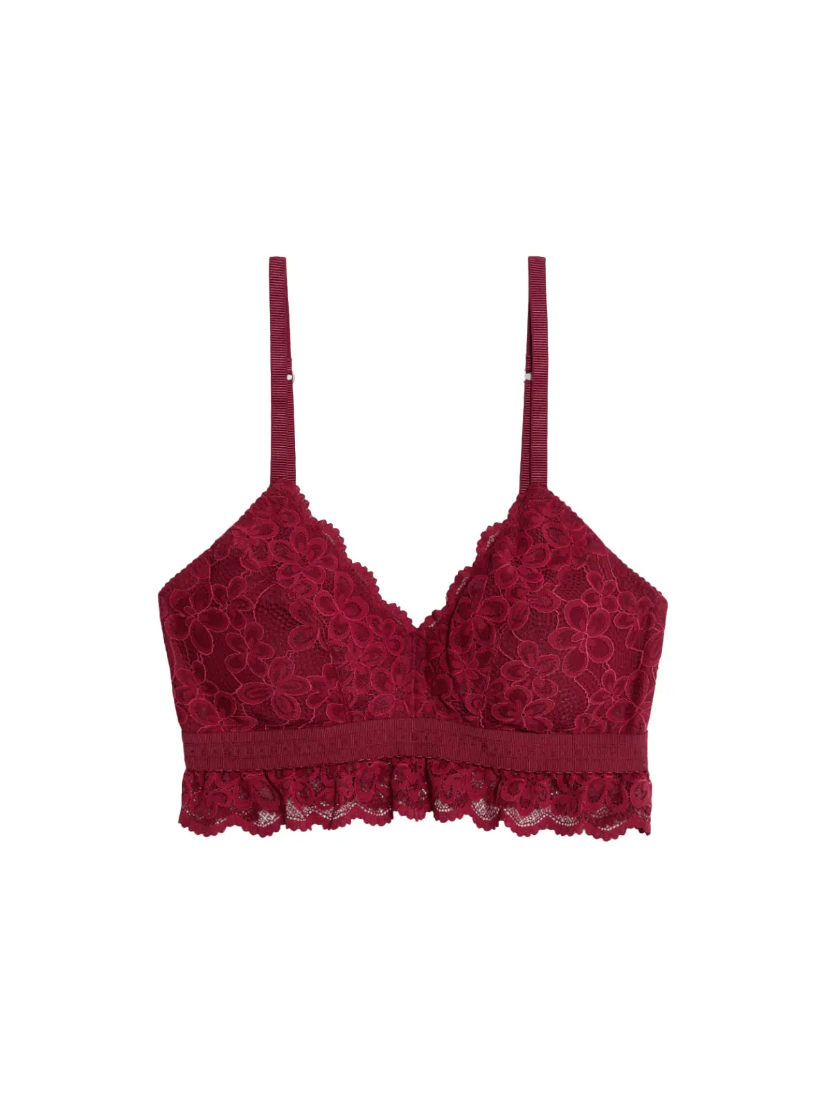 Image of a red bralette with floral lace detailing 