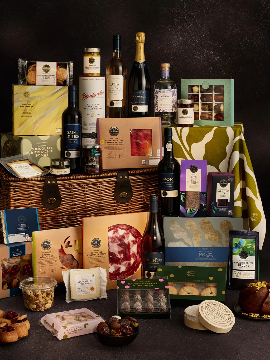 Luxurious M&S Christmas hamper with wine, cheese and a selection of Christmas treats.