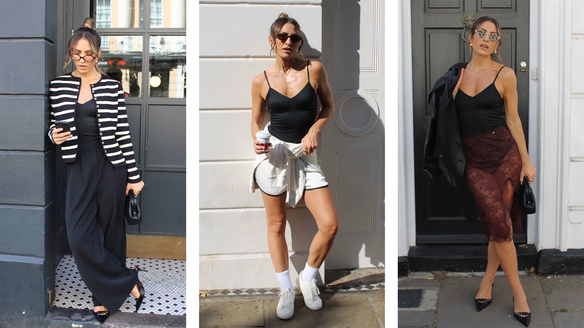 Woman in three outfits wearing black bodysuit