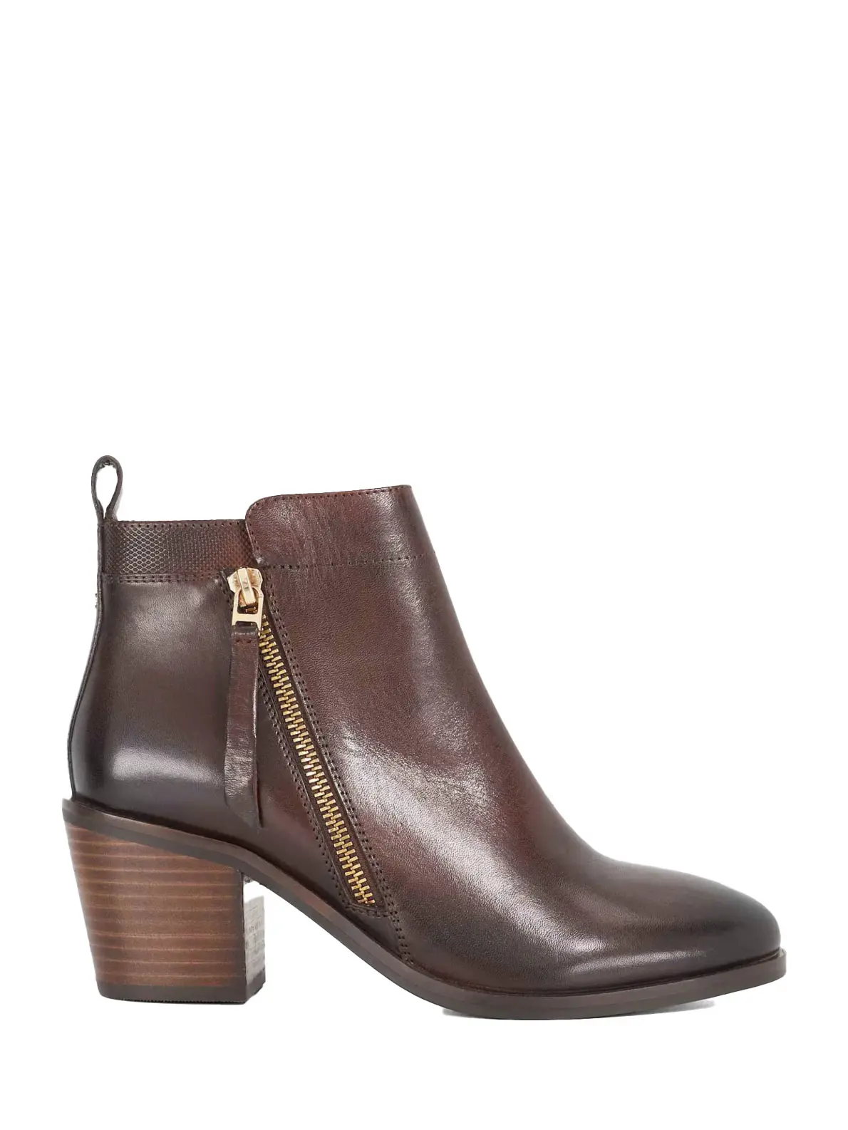 Brown leather ankle boot with gold zip detail