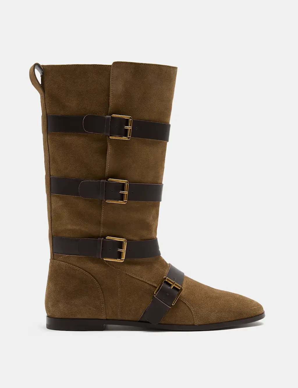 Suede Buckle Strap Mid Calf Flat Boots