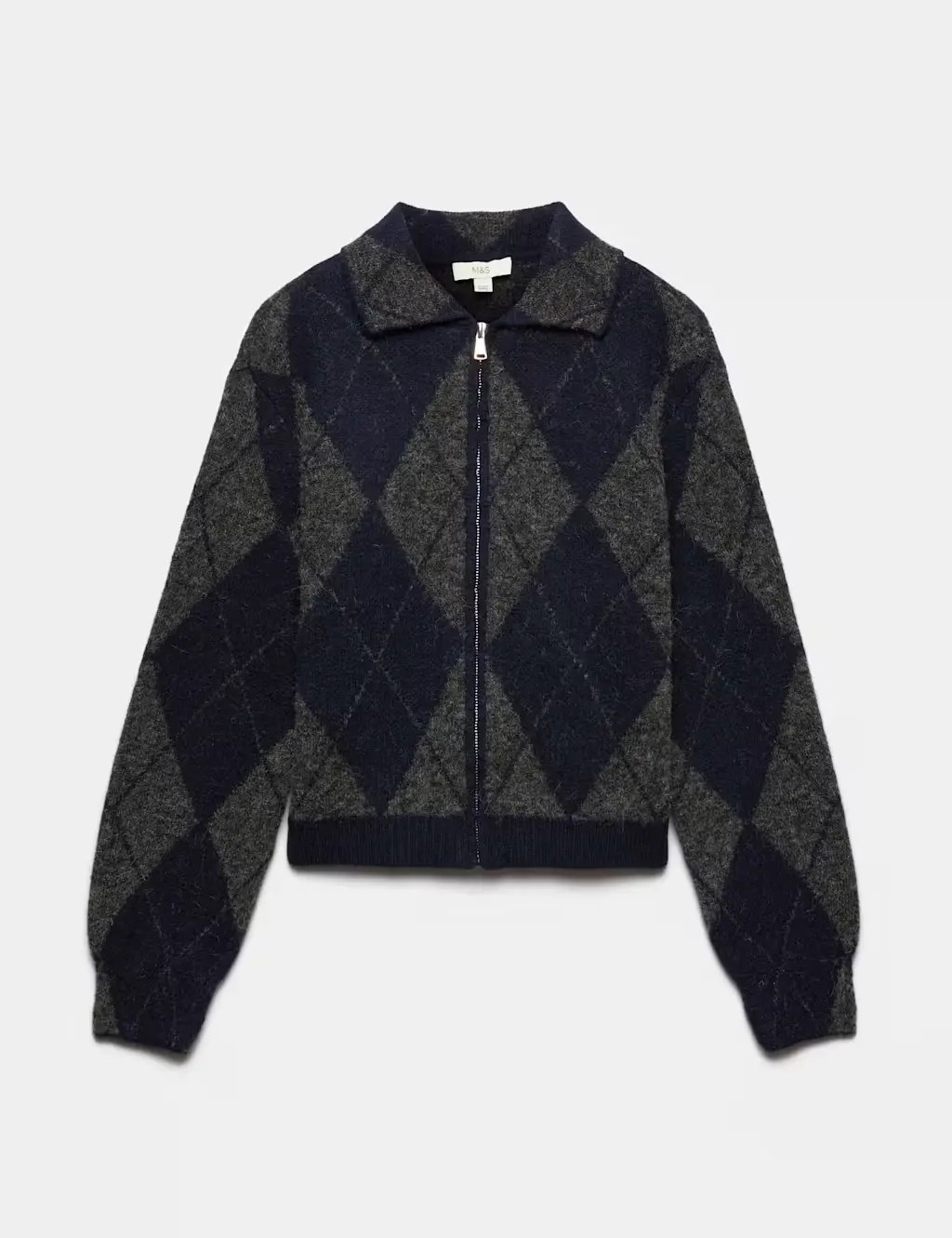 Collared knitted jacket with a blue and grey argyle pattern.