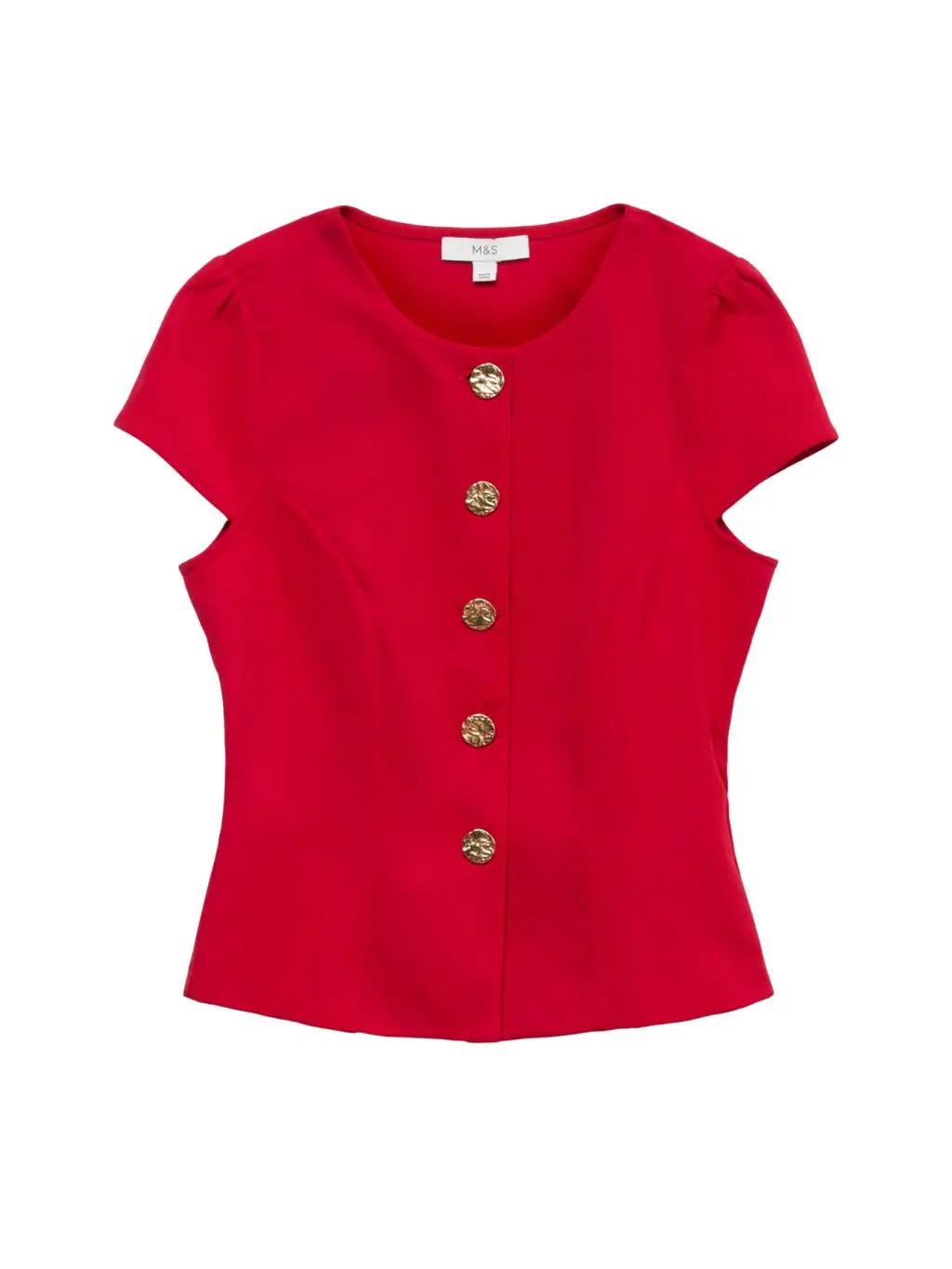 A cap sleeved red top with gold buttons up the front