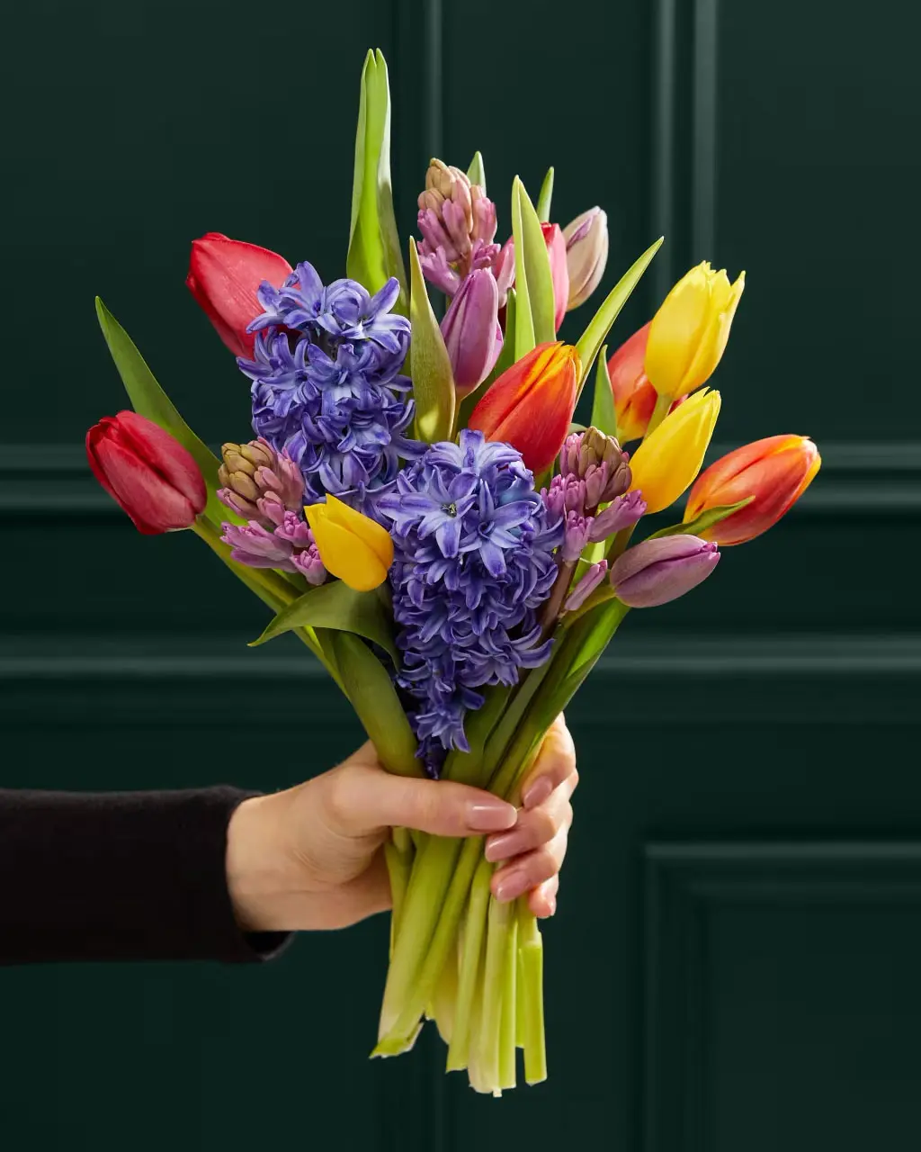 Hand holding tulip and hyacinth bouquet