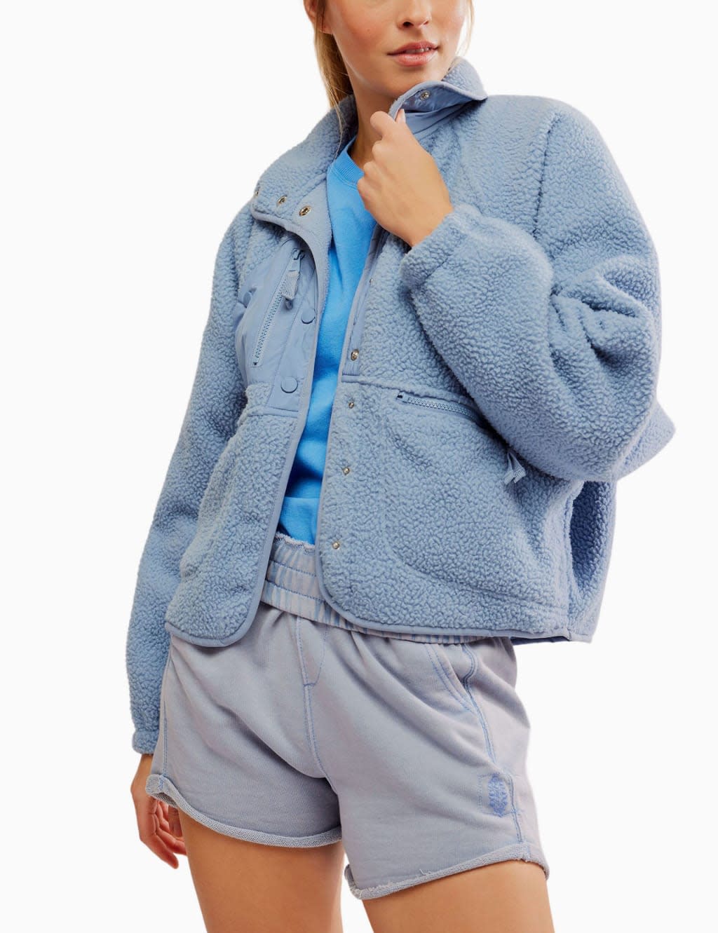 Women wearing blue fleece jacket 