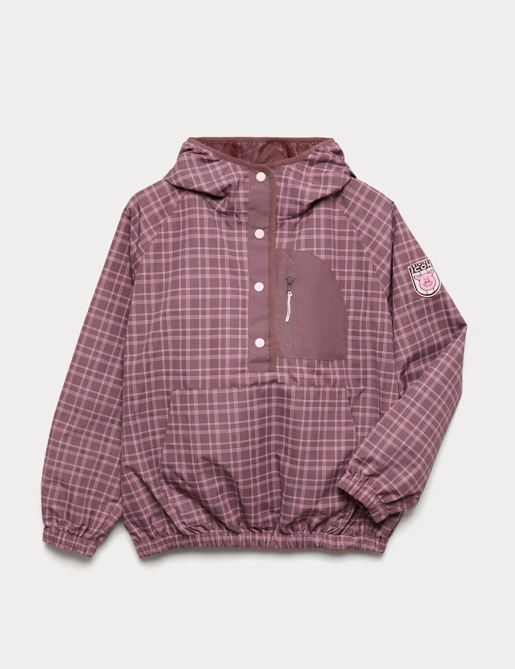 Pink gingham windbreaker kids jacket with a percy pig badge on the side.