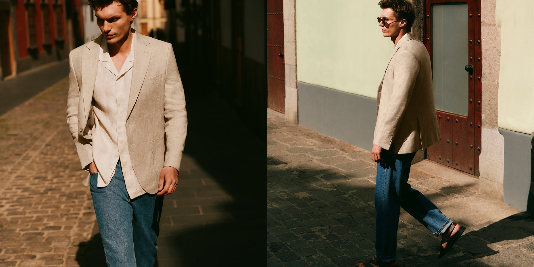 men wearing a gray coat and casual blue trouser. 