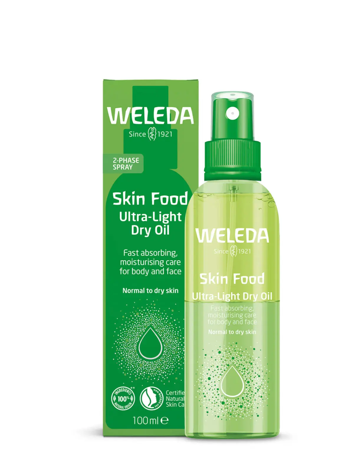 Image of Weleda ultra-light dry oil in green packaging
