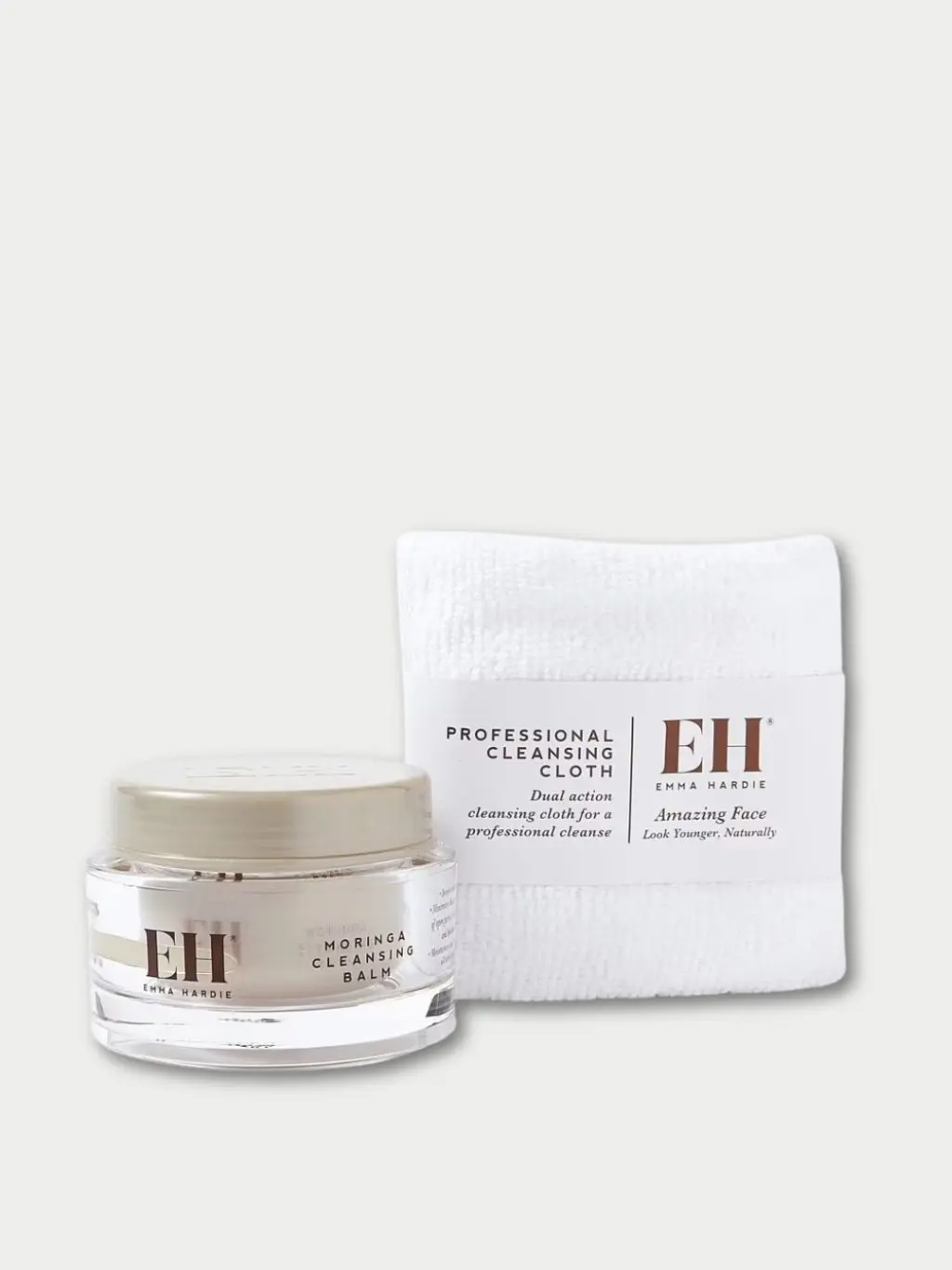 A cutout of Emma Hardie cleansing balm and a cloth shot against a cream background