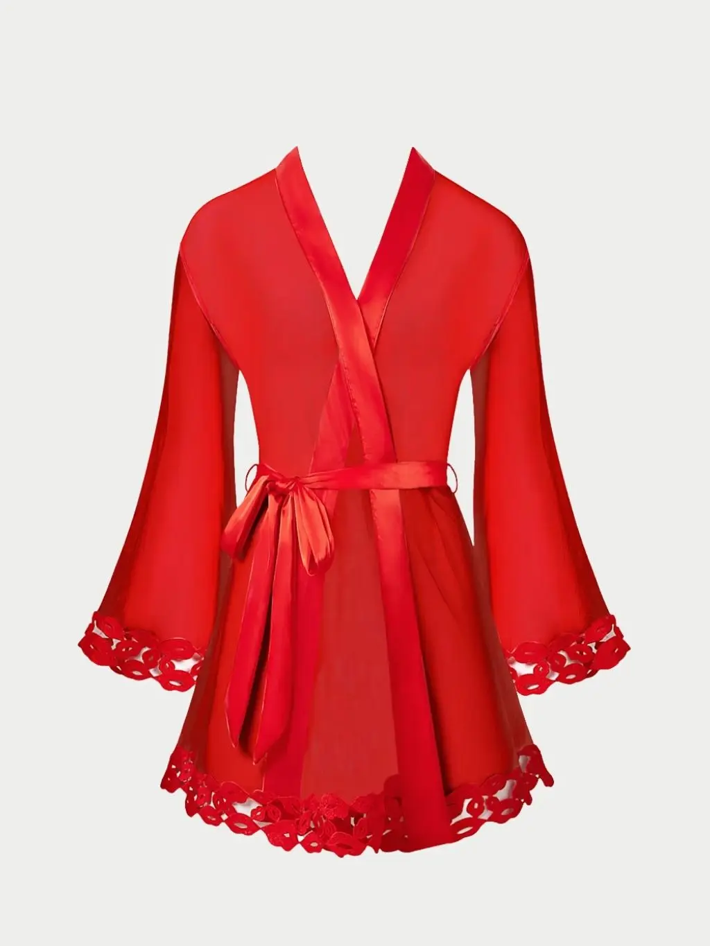 A red kimono by Bluebella with lips around the hem