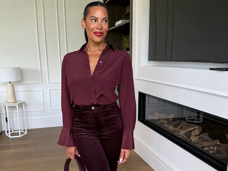 Karen Williams in burgundy outfit
