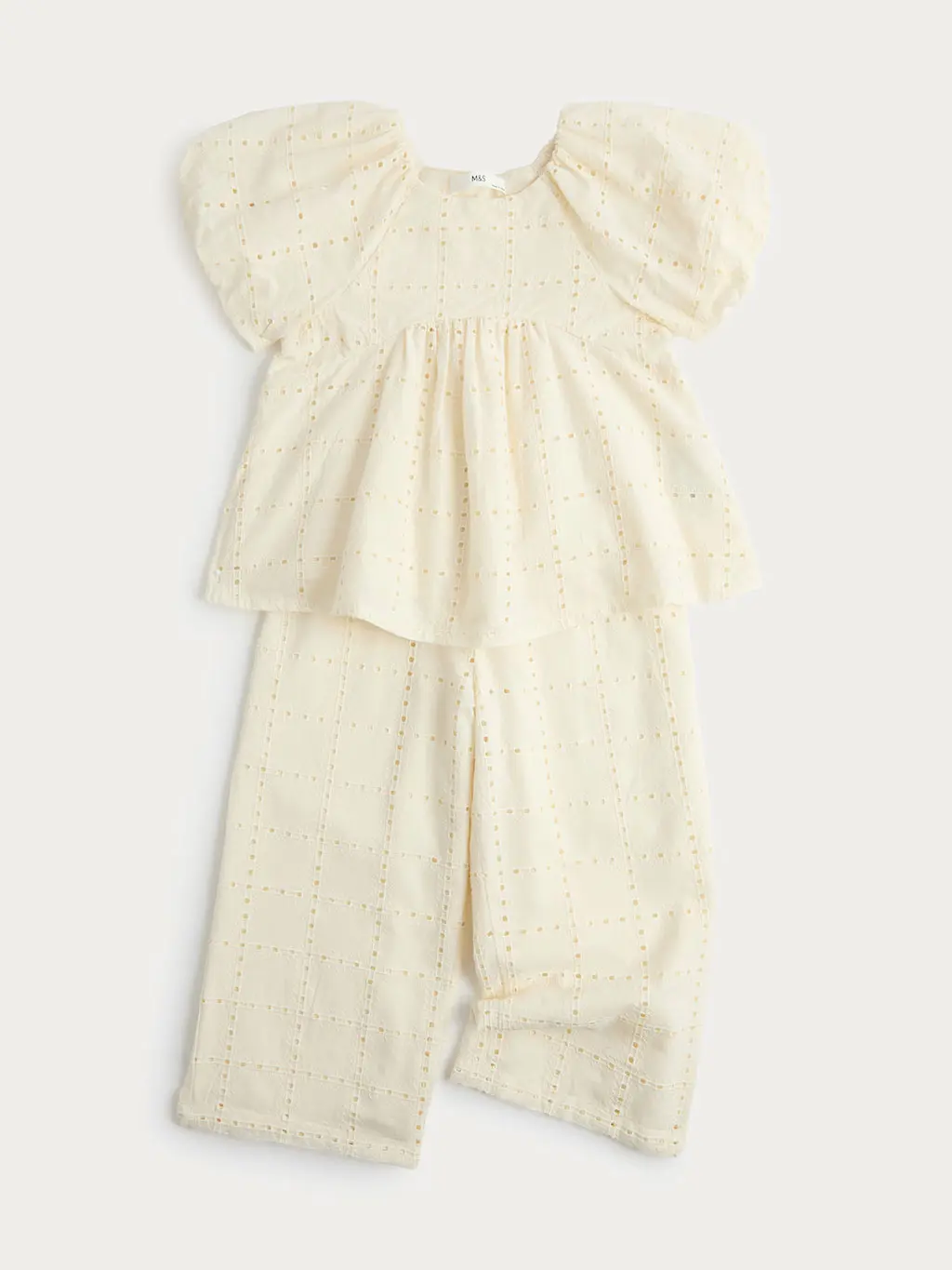 Cream two-piece set with balloon sleeves and shirred trousers