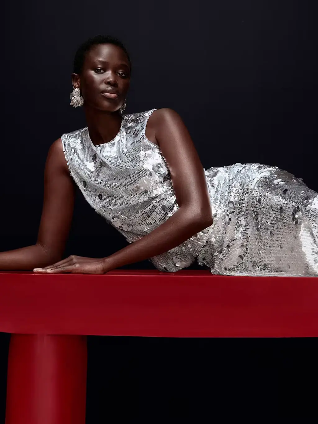 Silver sequin top and skirt