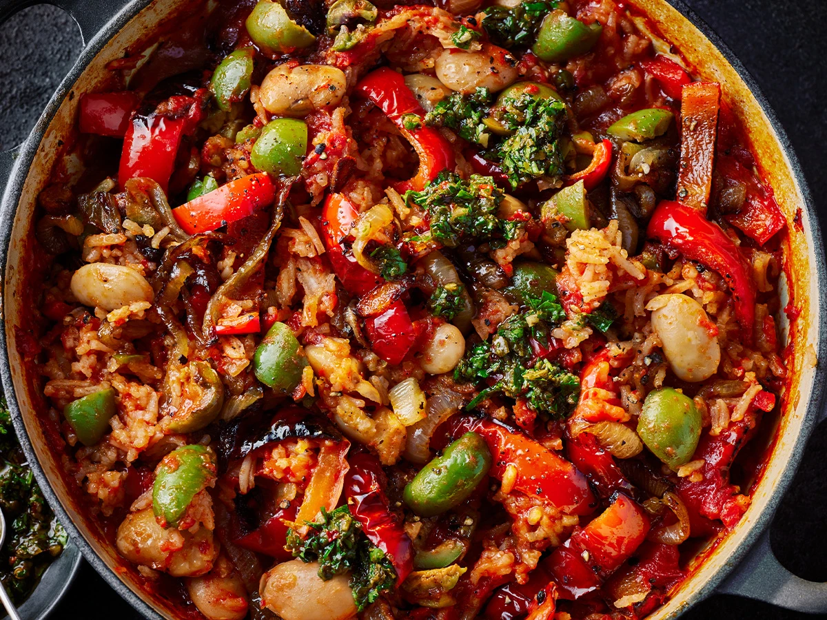 a tray of rice and vegetables