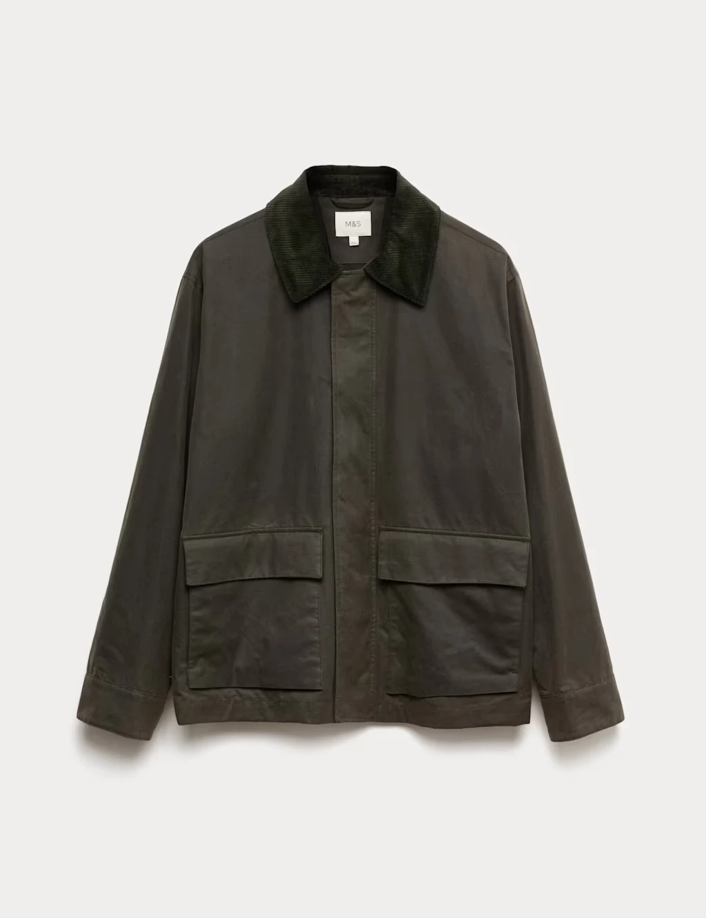 Men's khaki wax jacket with a corduroy collar.