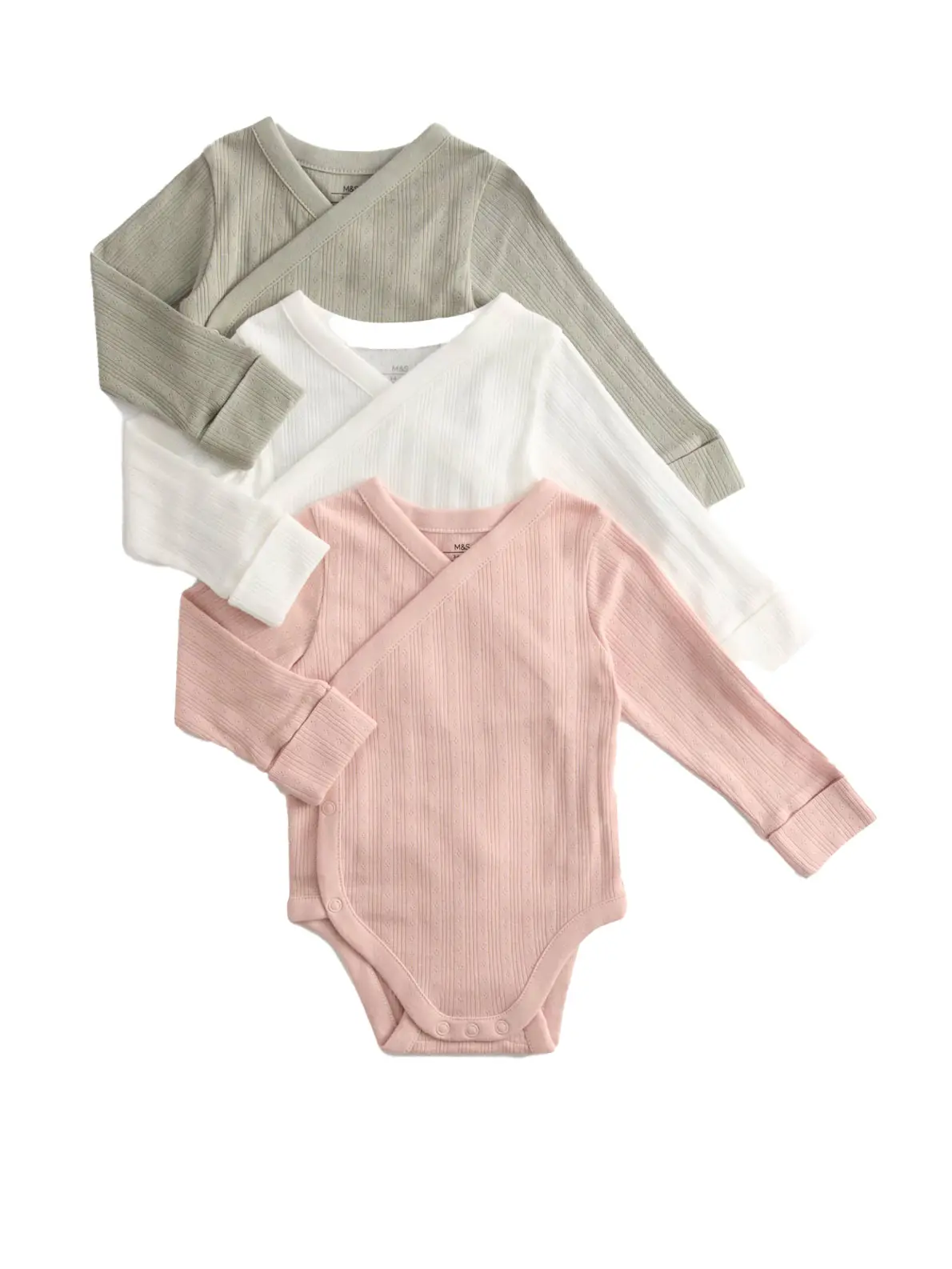 Three sleepsuits in sage green, white and baby pink